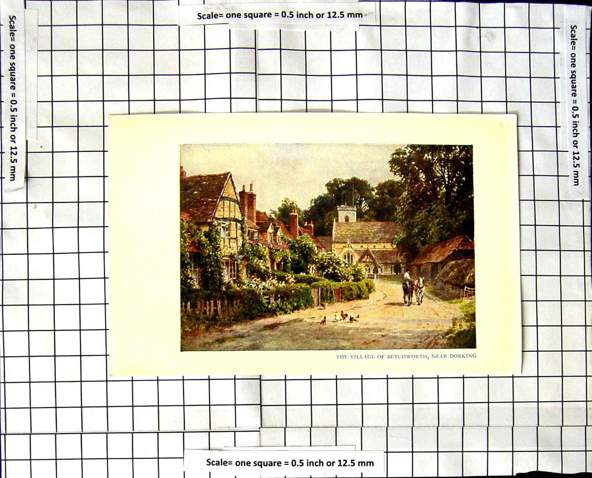 Old Vintage Print Ref.513 C1850-C1930 Colour Village Betchworth Dorking