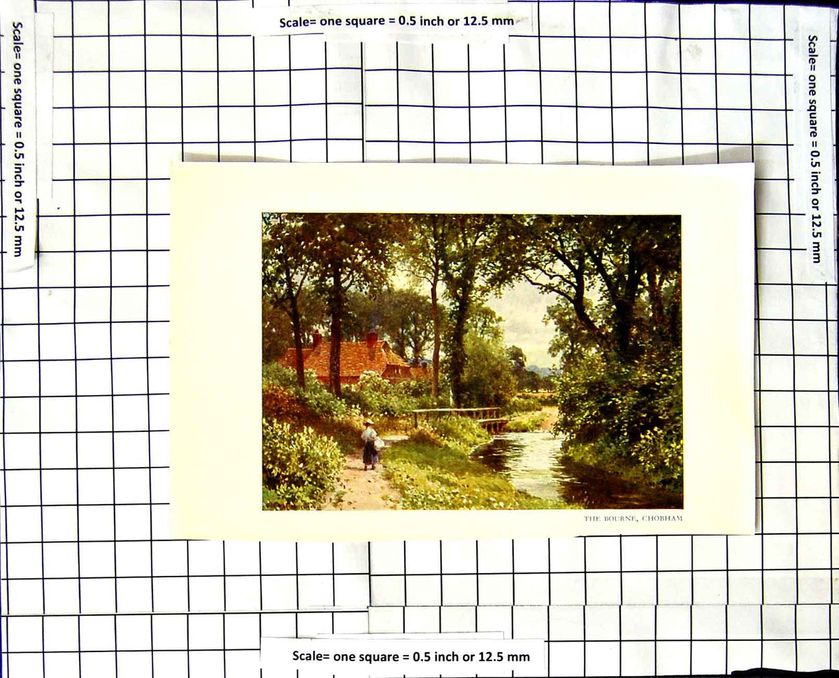 Original Old Vintage Print View Bourne Chobham River C1850-C1930 Colour 19th