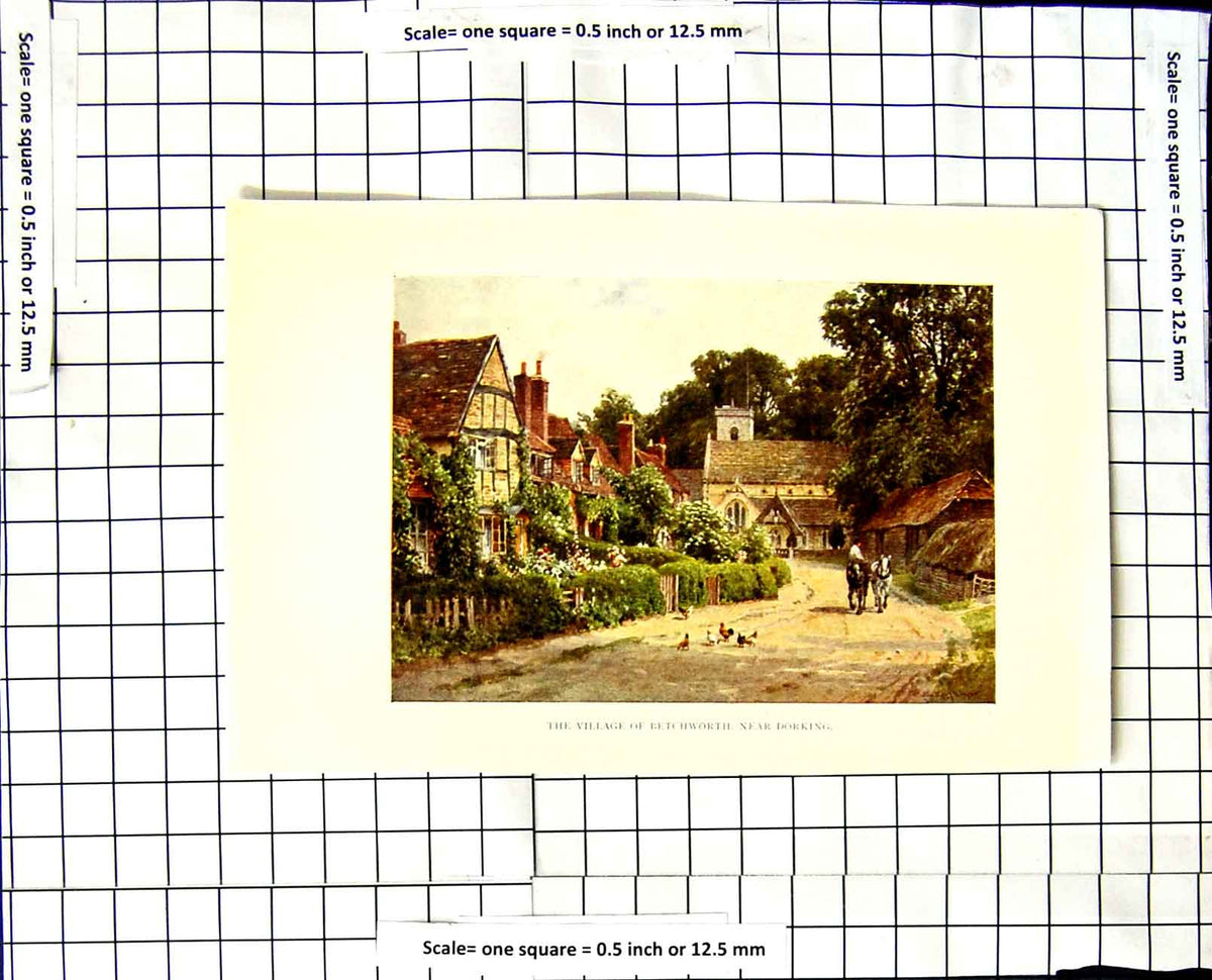 Original Old Vintage Print C1850-C1930 Colour Village Betchworth Dorking 19th