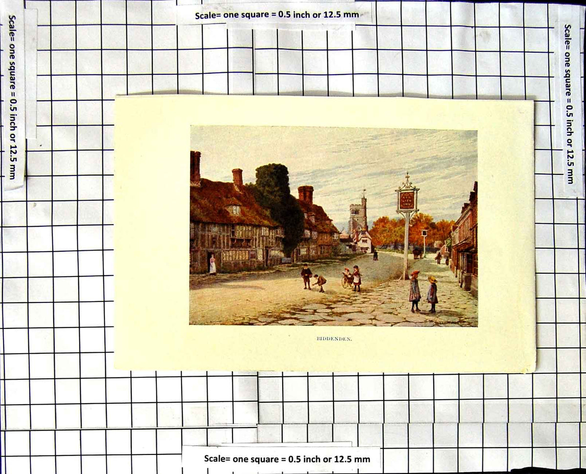Original Old Vintage Print C1850-C1930 Colour Street Scene Biddenden Victorian