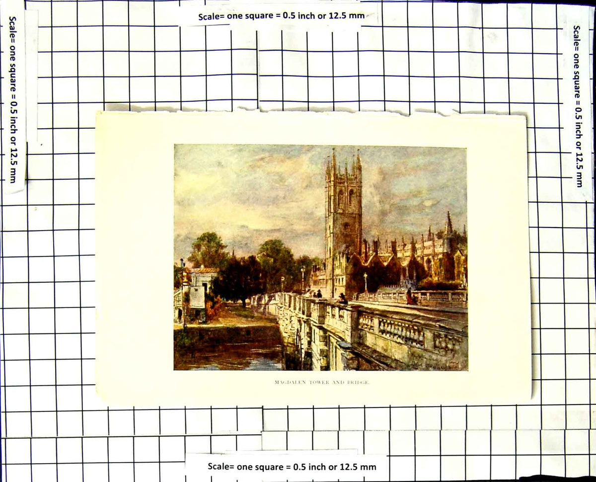 Original Old Vintage Print C1850-C1930 Colour Magdalen Tower Bridge River 19th