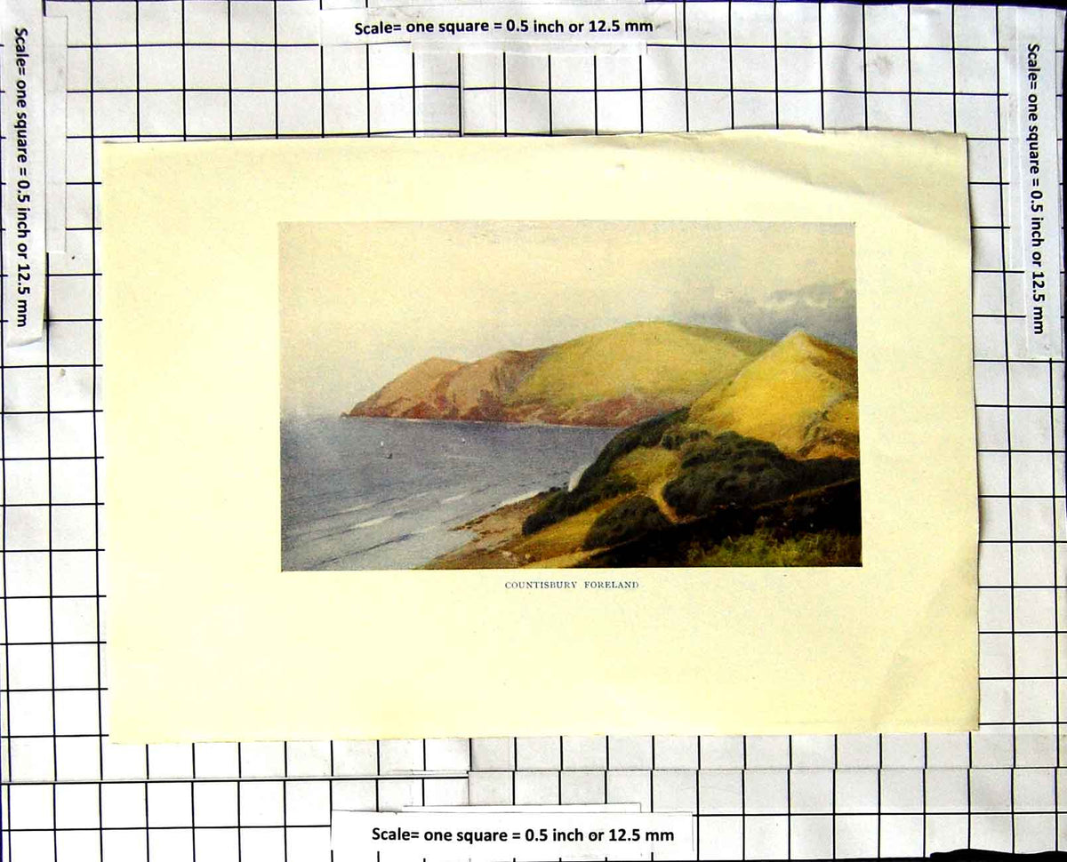 Original Old Vintage Print C1850-C1930 Colour View Countisbury Foreland Sea