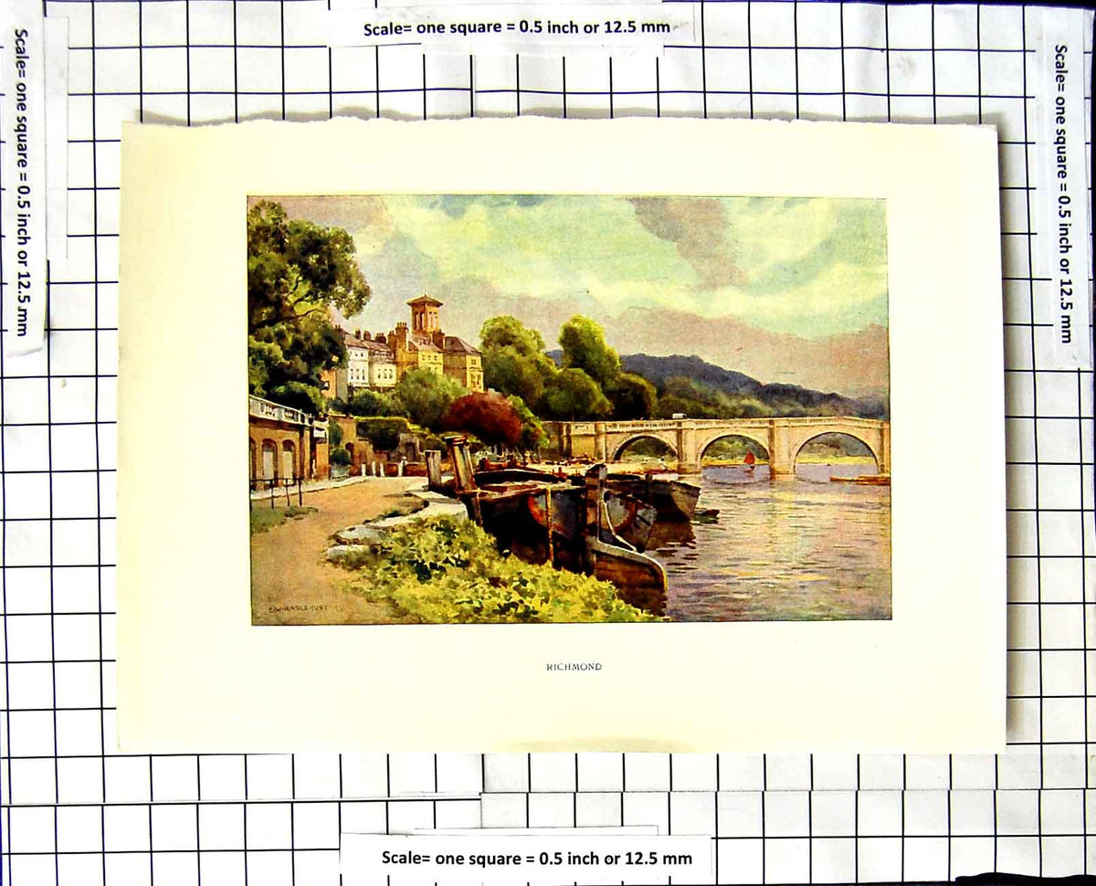 Original Old Vintage Print C1850-C1930 Colour View Richmond River Bridge 19th