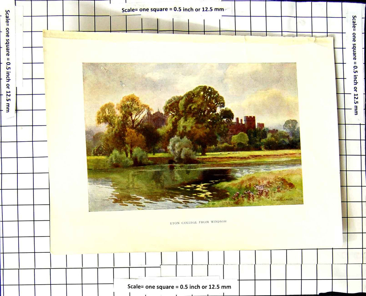 Original Old Vintage Print C1850-C1930 Colour Eton College Windsor Castle 19th