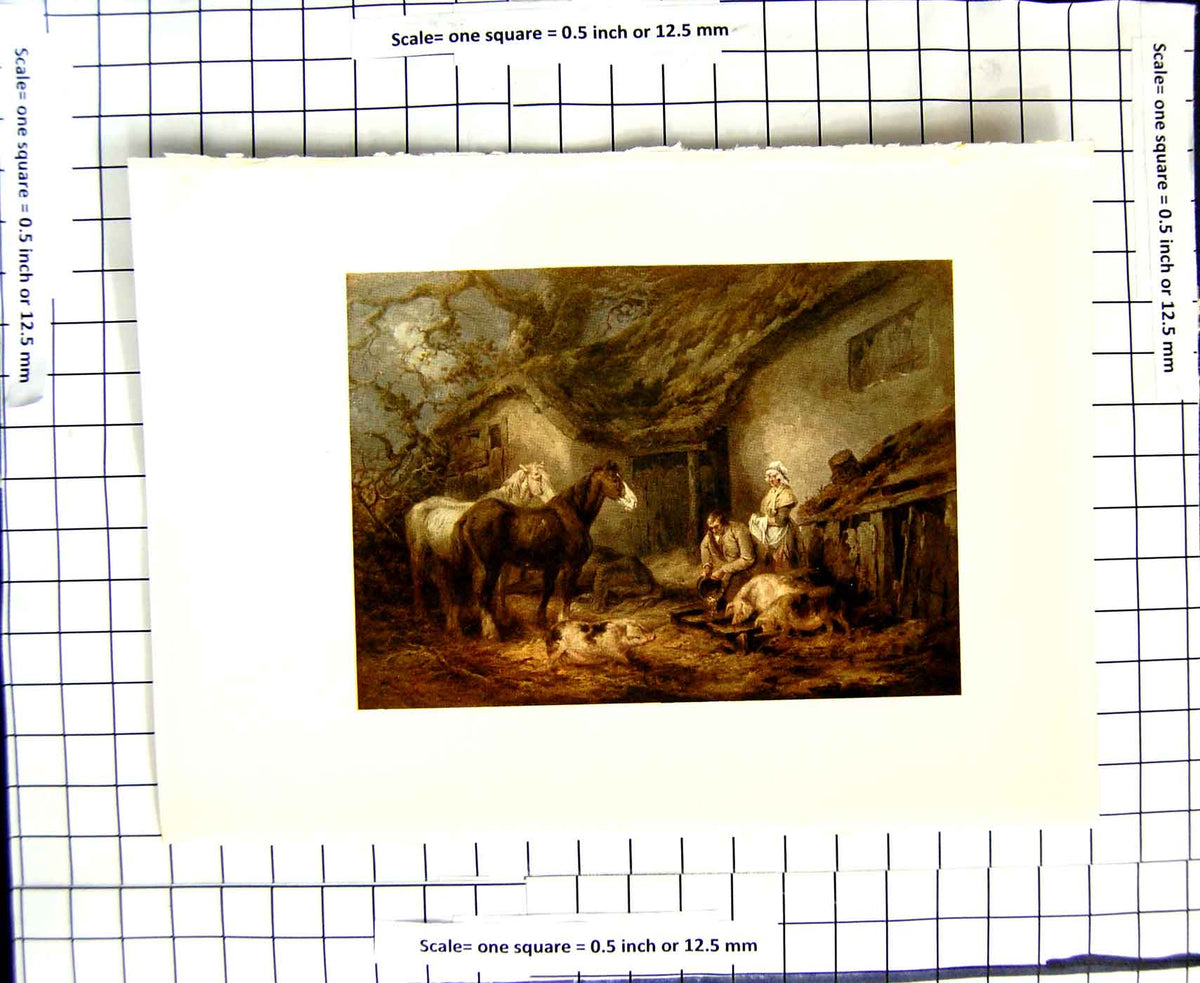 Original Old Antique Print C1907 Colour Plate Morland Farming Feeding Horses