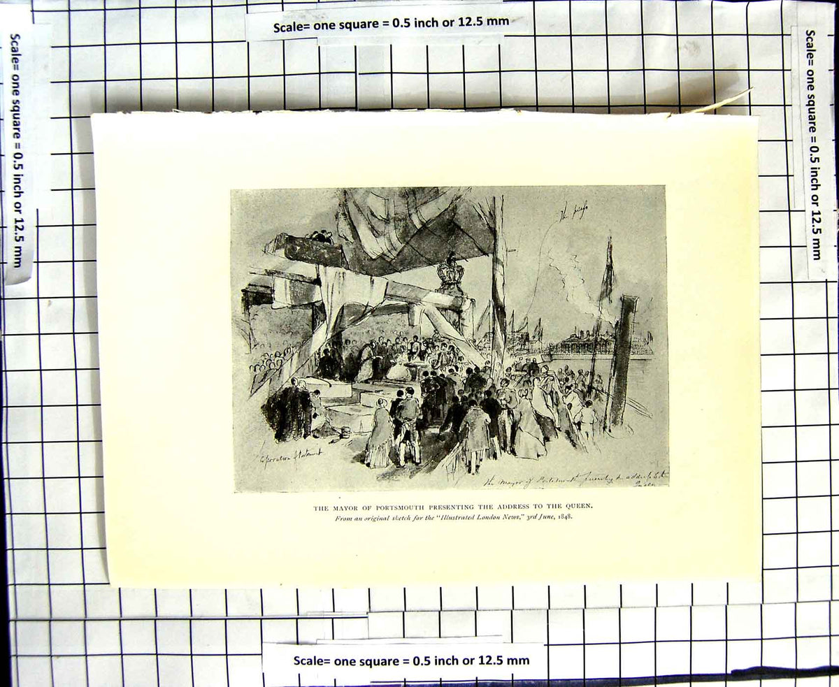 Original Old Antique Print C1906 Birket Foster Plate Mayor Portsmouth Queen