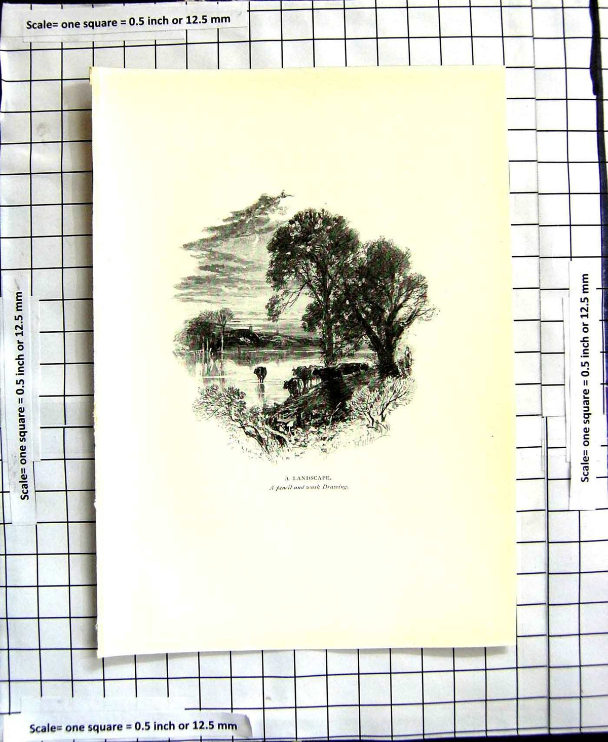 Old Antique Print C1906 Birket Foster Plate Sketch Landscape River Cattle 20th