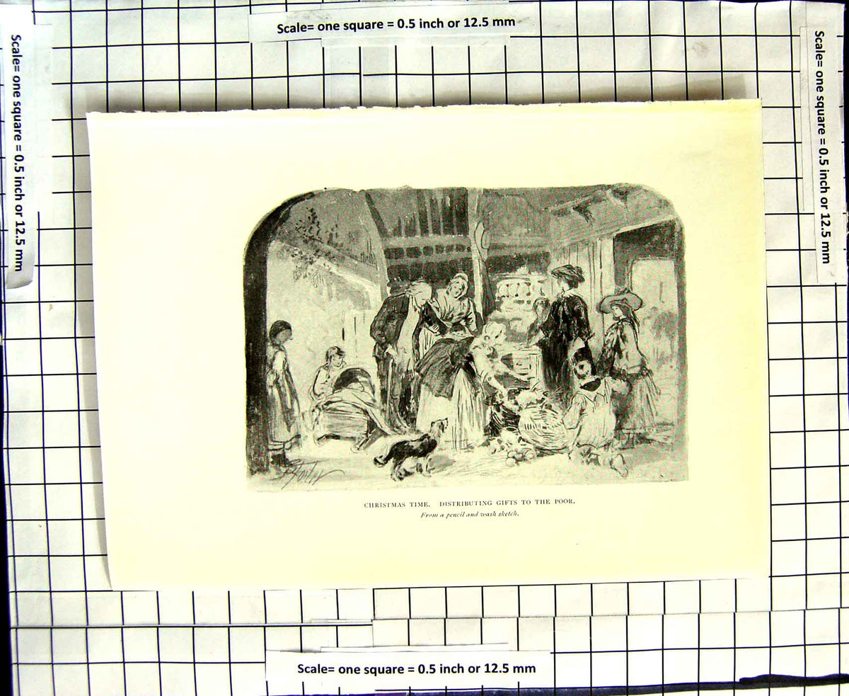 Old Antique Print C1906 Birket Foster Sketch Christmas Poor People Gifts 20th