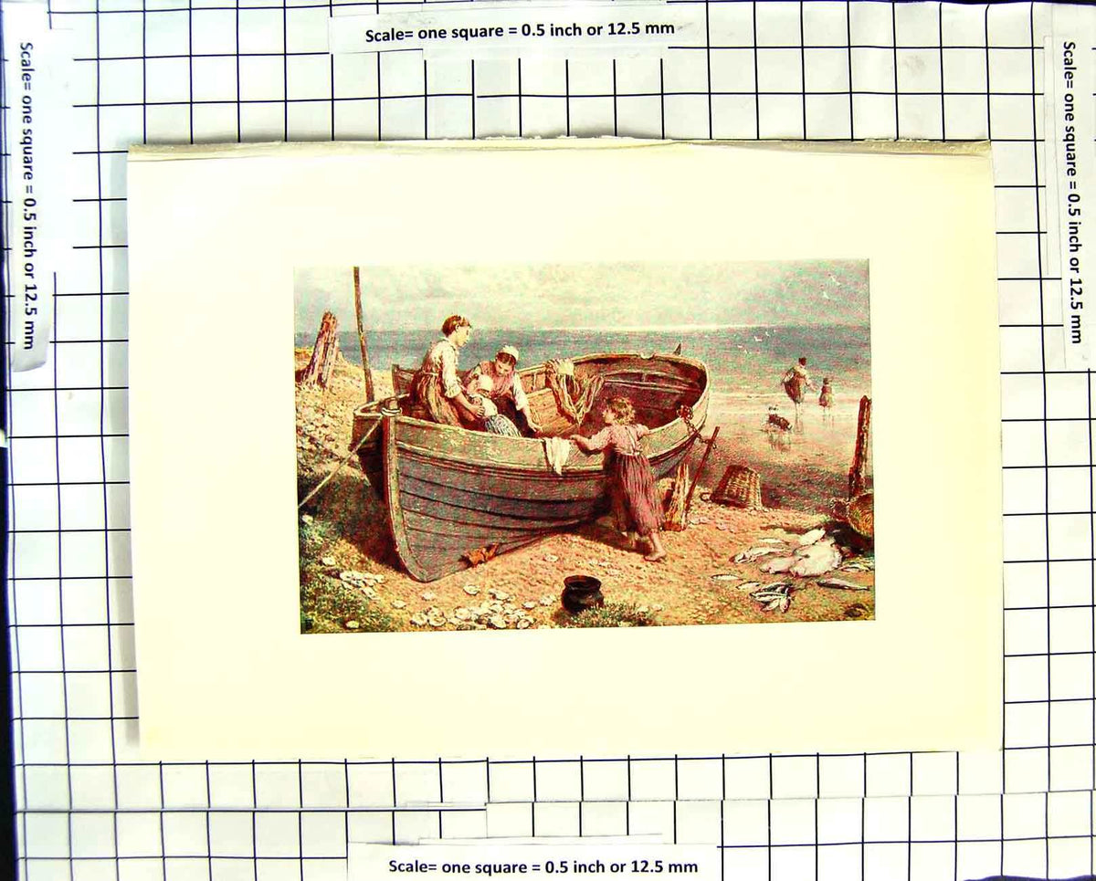 Original Old Antique Print C1907 Colour Plate Morland Children Beach Boat Sea