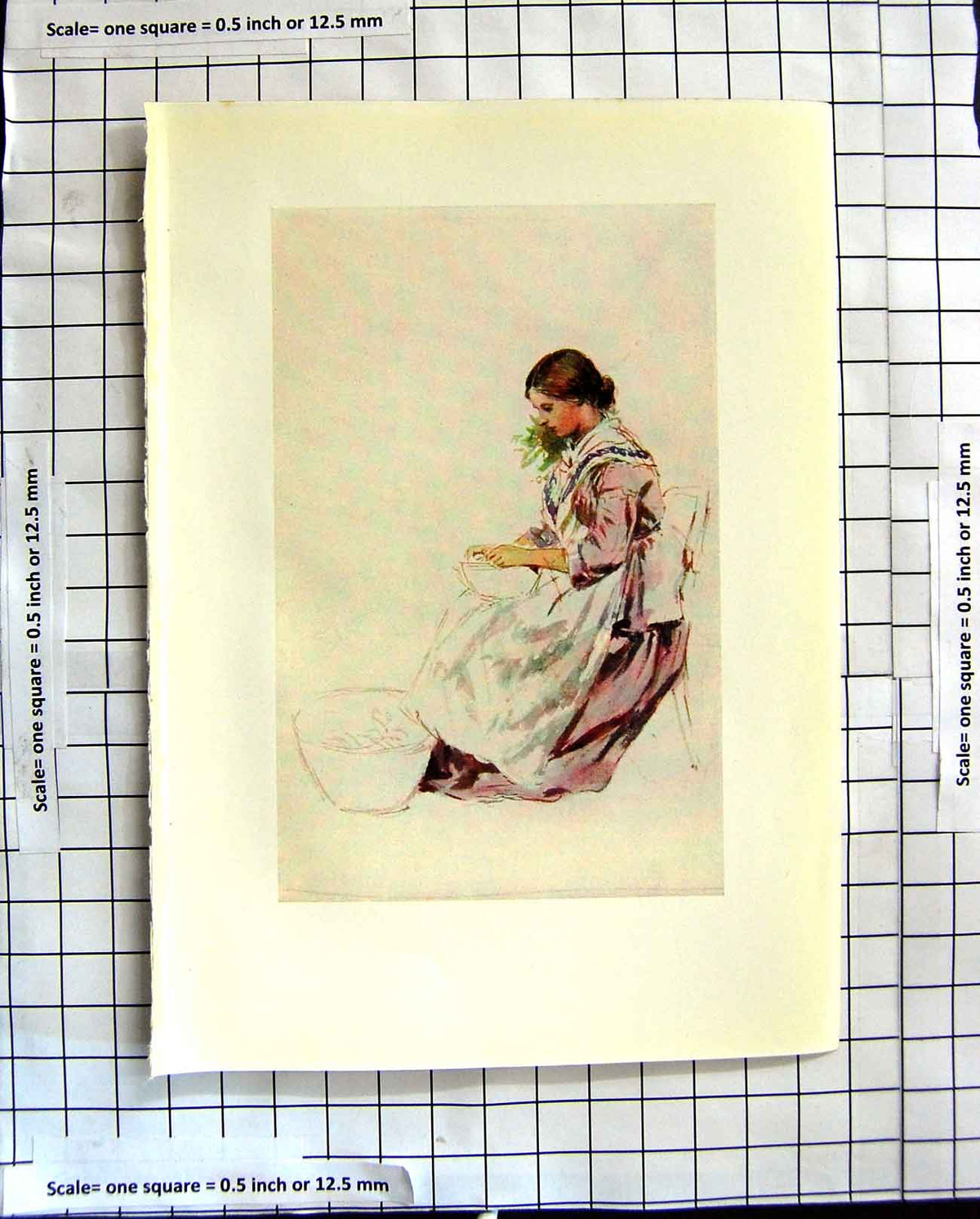 Original Old Antique Print C1907 Colour Plate Morland Woman Shelling Peas 20th