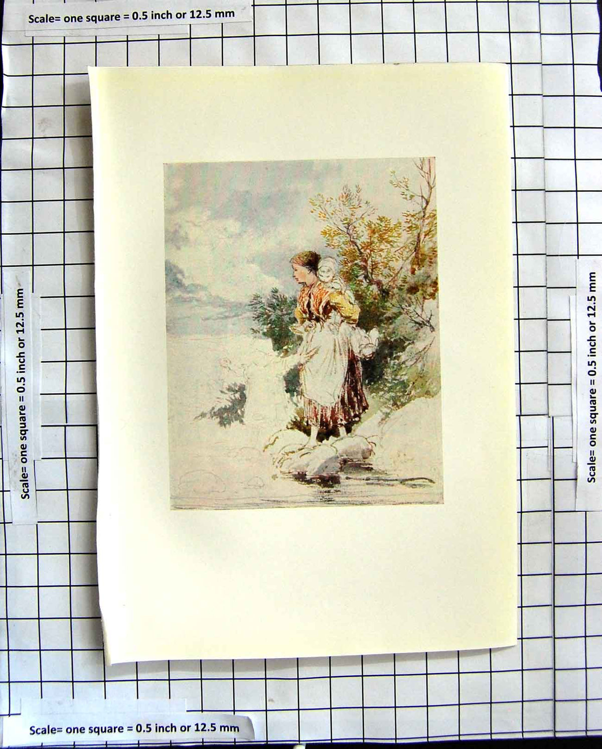 Old Antique Print C1907 Colour Plate Morland Mother Girl Stepping-Stones 20th