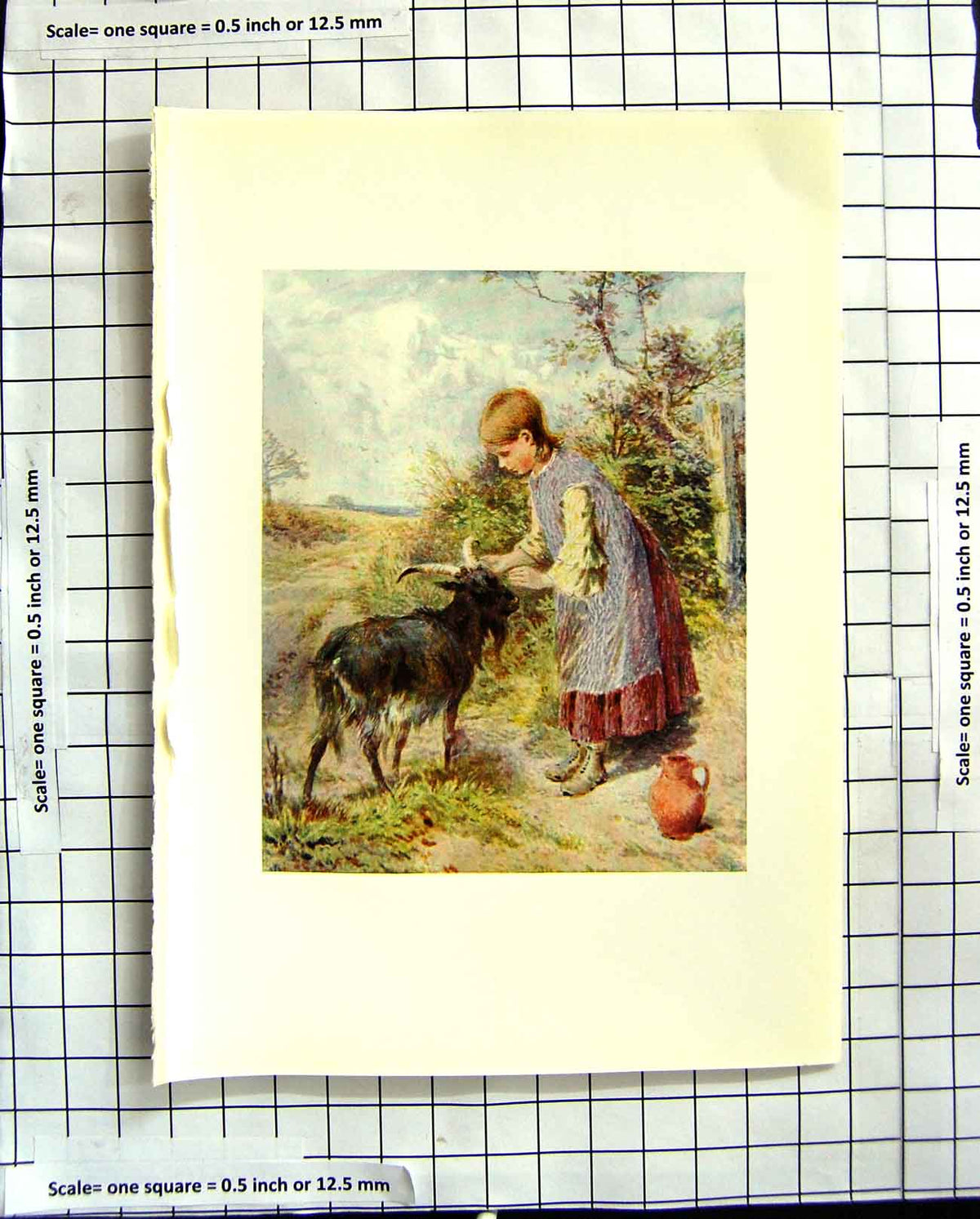 Original Old Antique Print Little Girl Goat Milk Jug C1907 Colour Plate Morland