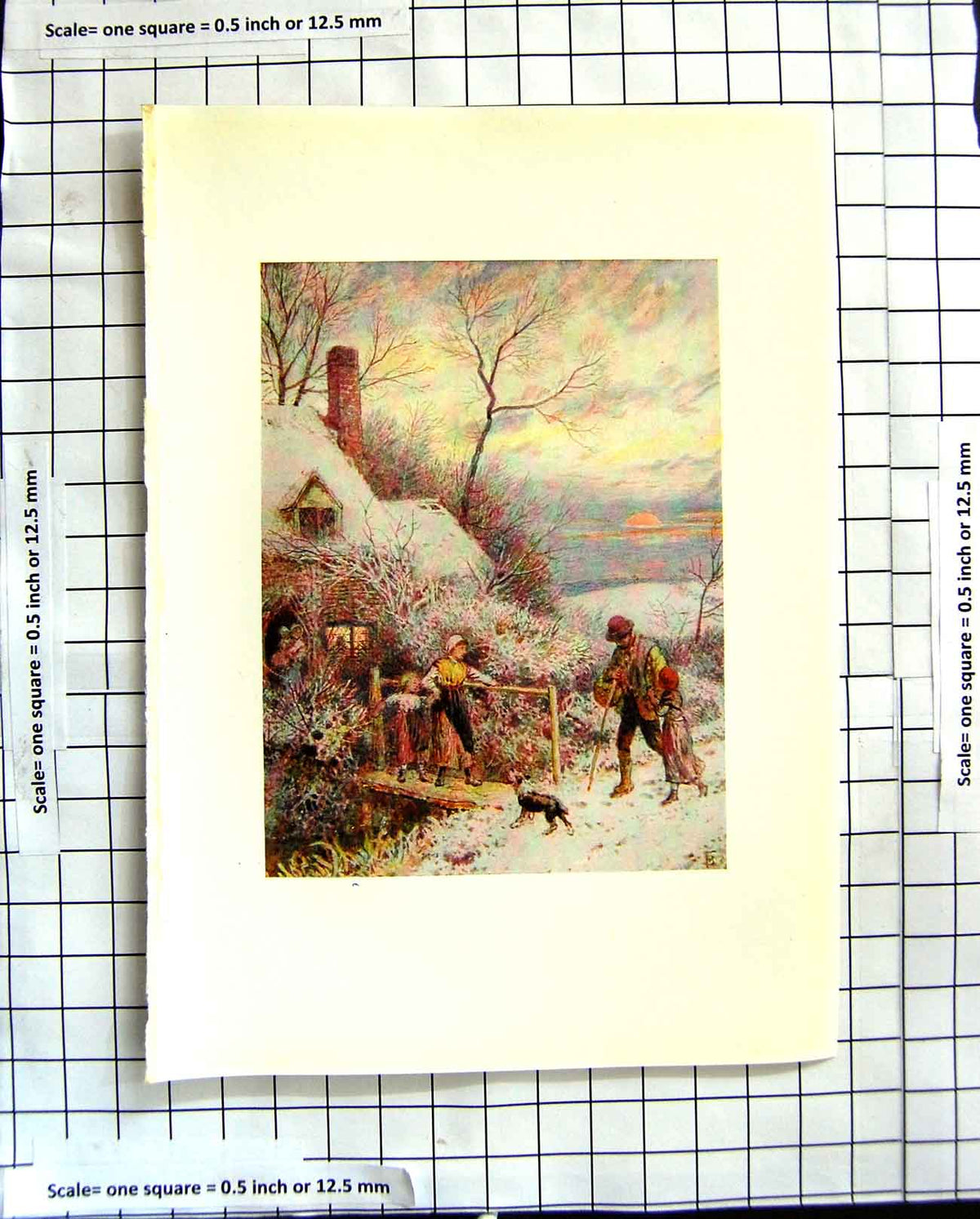 Original Old Antique Print C1907 Colour Plate Morland Winter Scene Children Dog