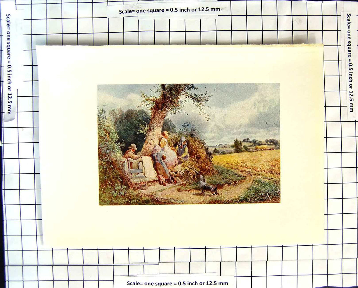 Original Old Antique Print C1907 Colour Plate Morland Young Gleaners Farming