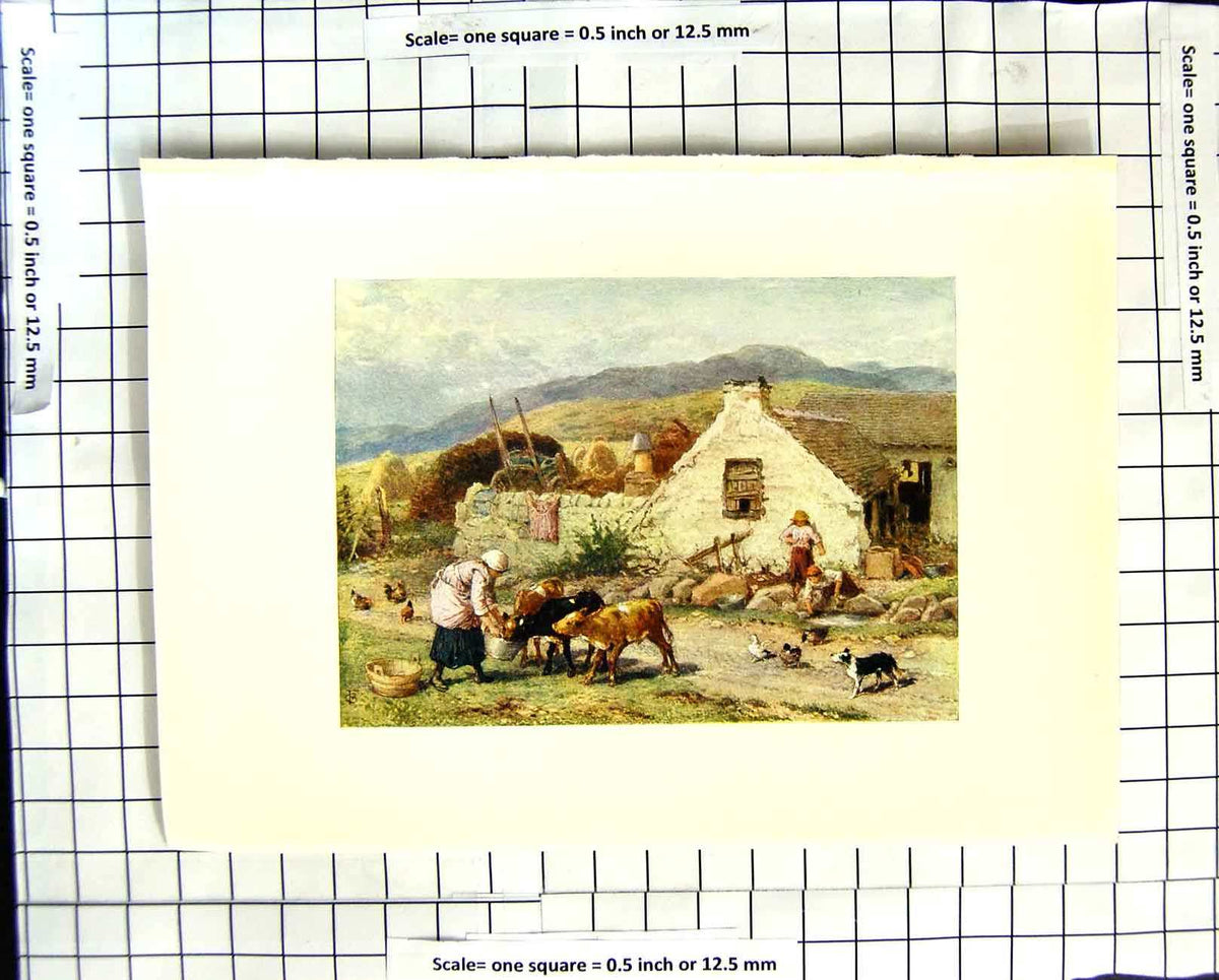 Original Old Antique Print C1907 Colour Plate Morland Highland Cottage Scotland