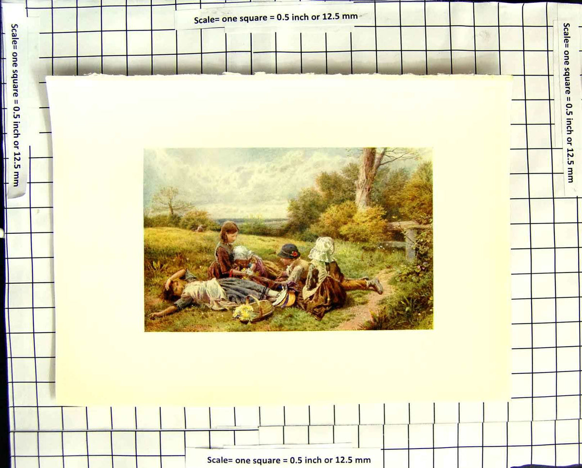 Original Old Antique Print C1907 Colour Plate Morland Cowslip Gatherers Flowers
