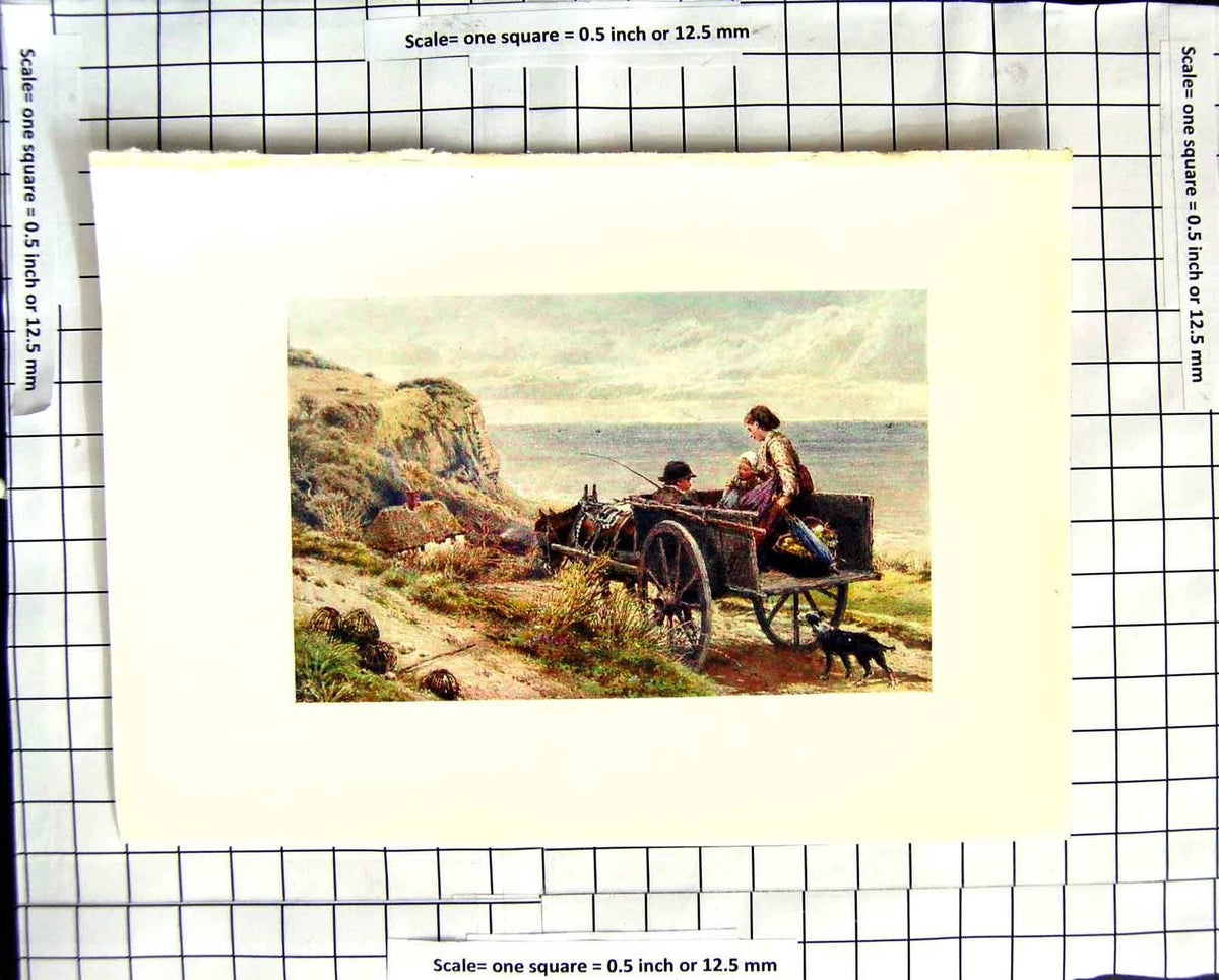 Original Old Antique Print C1907 Colour Plate Morland Donkey Cart Beach Cliffs