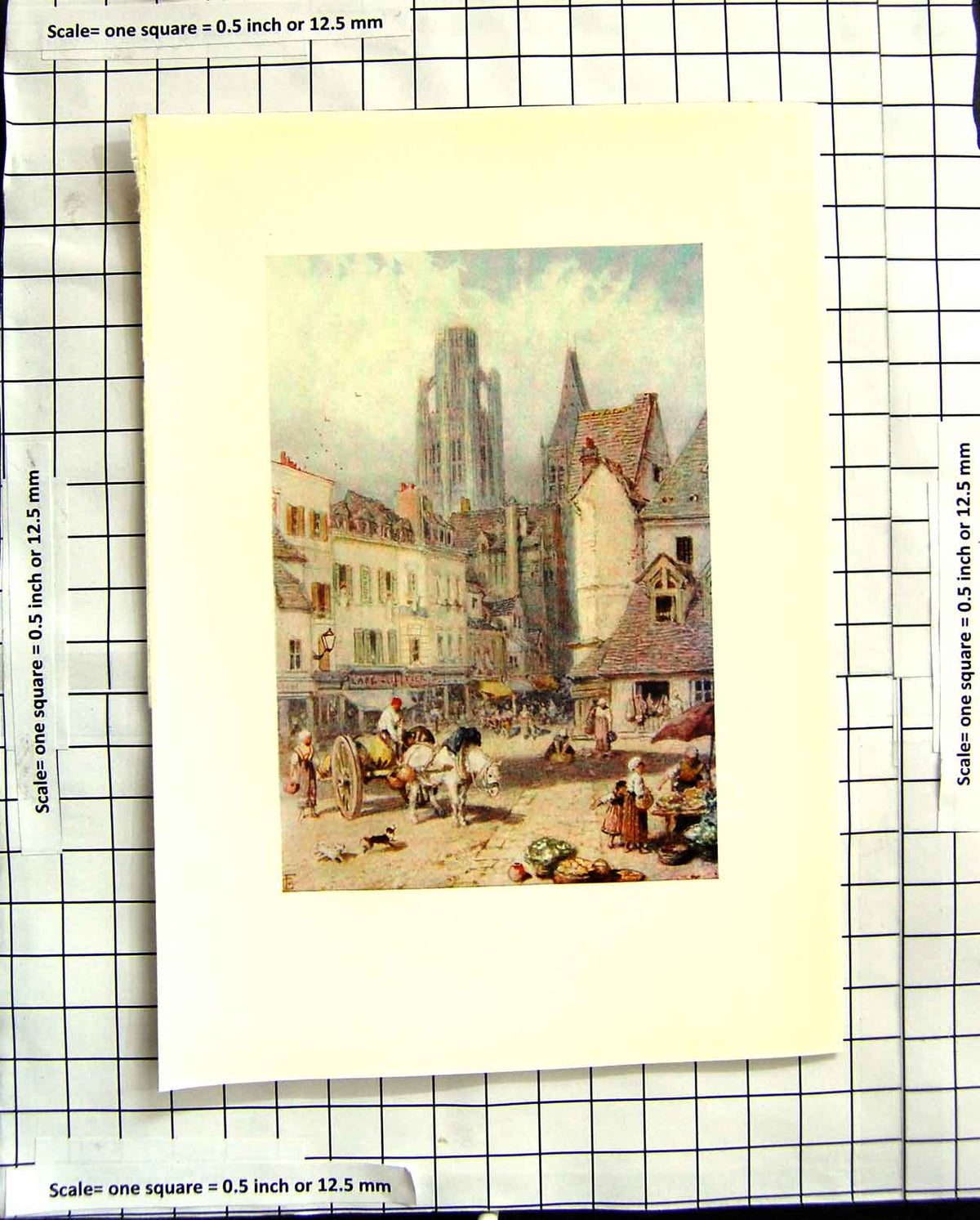 Original Old Antique Print C1907 Colour Plate Morland View Market Place Rouen