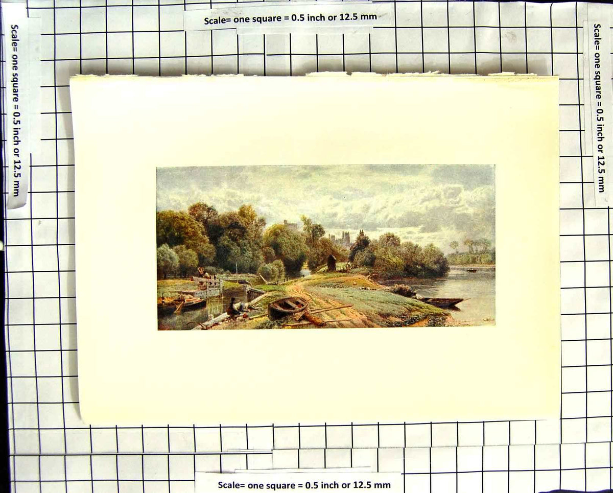 Original Old Antique Print C1907 Colour Plate Morland View Windsor Lock River