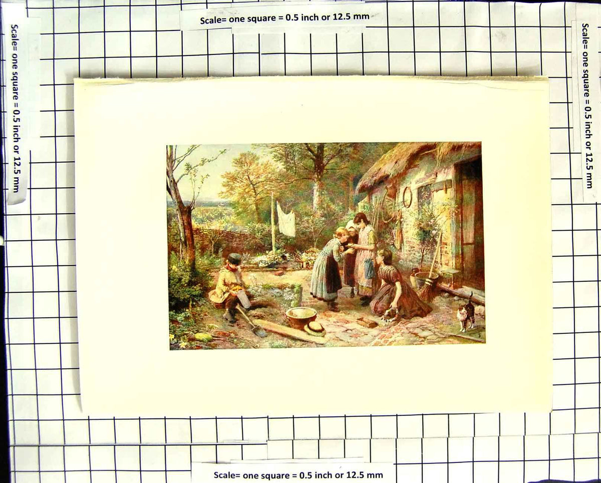 Old Antique Print C1907 Colour Plate Morland Children House Flowers Cat 20th