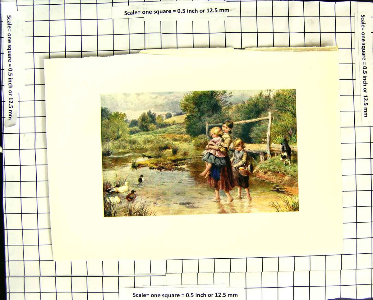Original Old Antique Print C1907 Colour Plate Morland Children Paddling River