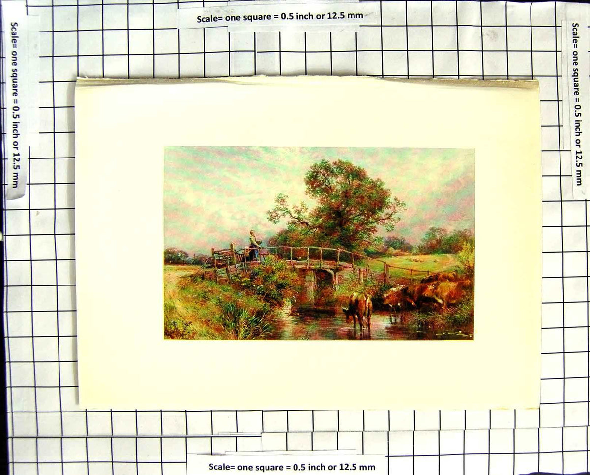 Original Old Antique Print C1907 Colour Plate Morland River Bridge Godalming