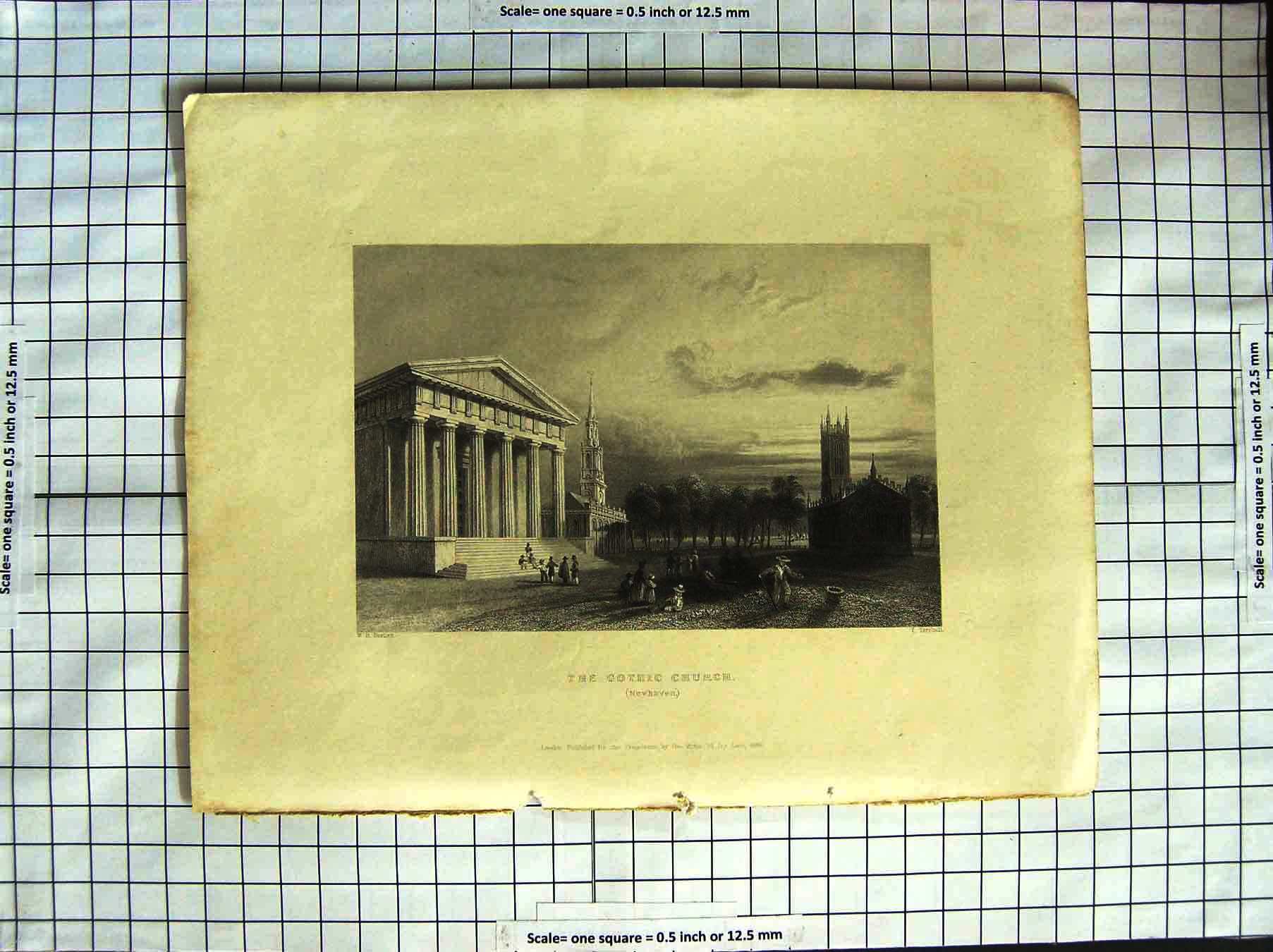 Original Old Antique Print America Bartlett 1839 The Gothic Church Newhaven