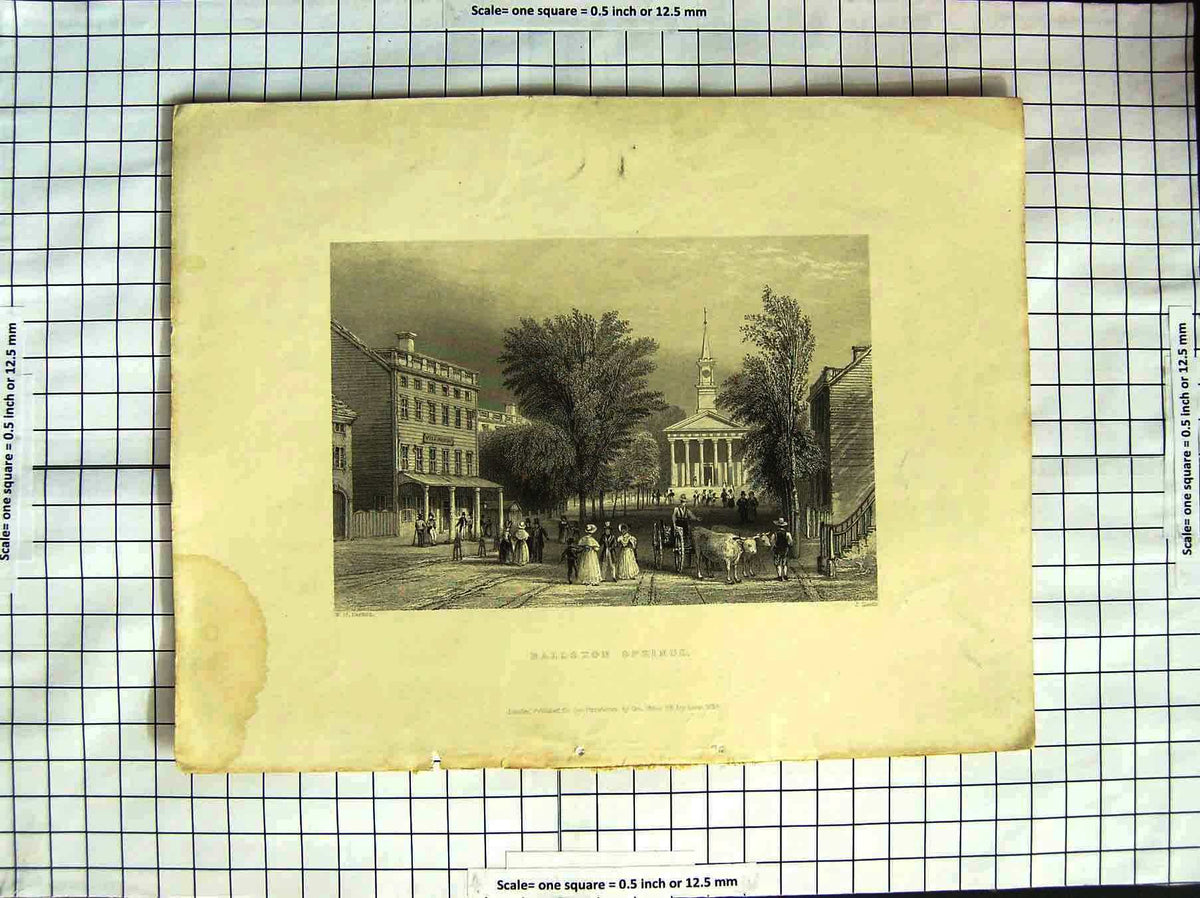 Original Old Antique Print America Bartlett 1838 Ballston Springs Street Scene