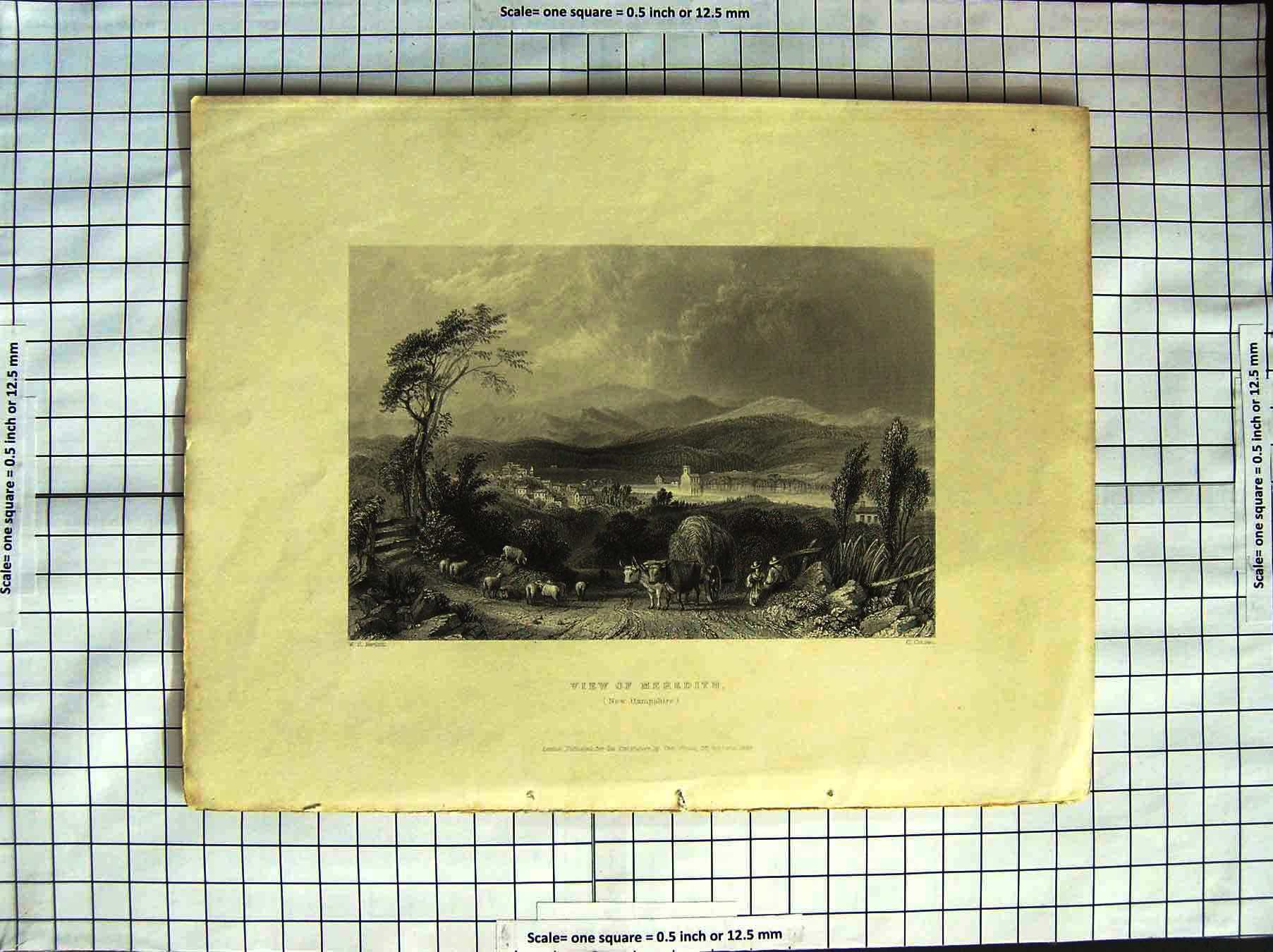 Original Old Antique Print America Bartlett 1838 View Meredith New Hampshire