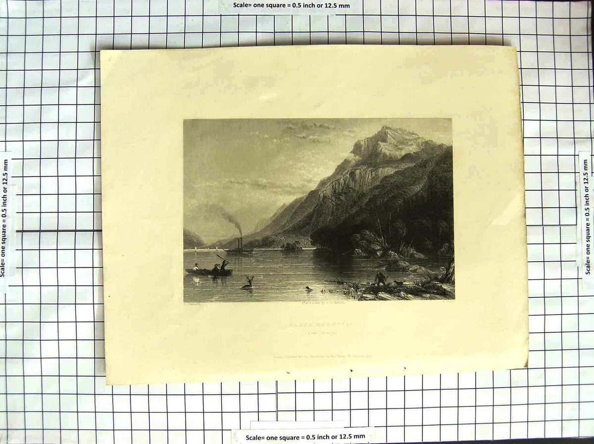 Original Old Antique Print America Bartlett 1838 Lake George Black Mountains