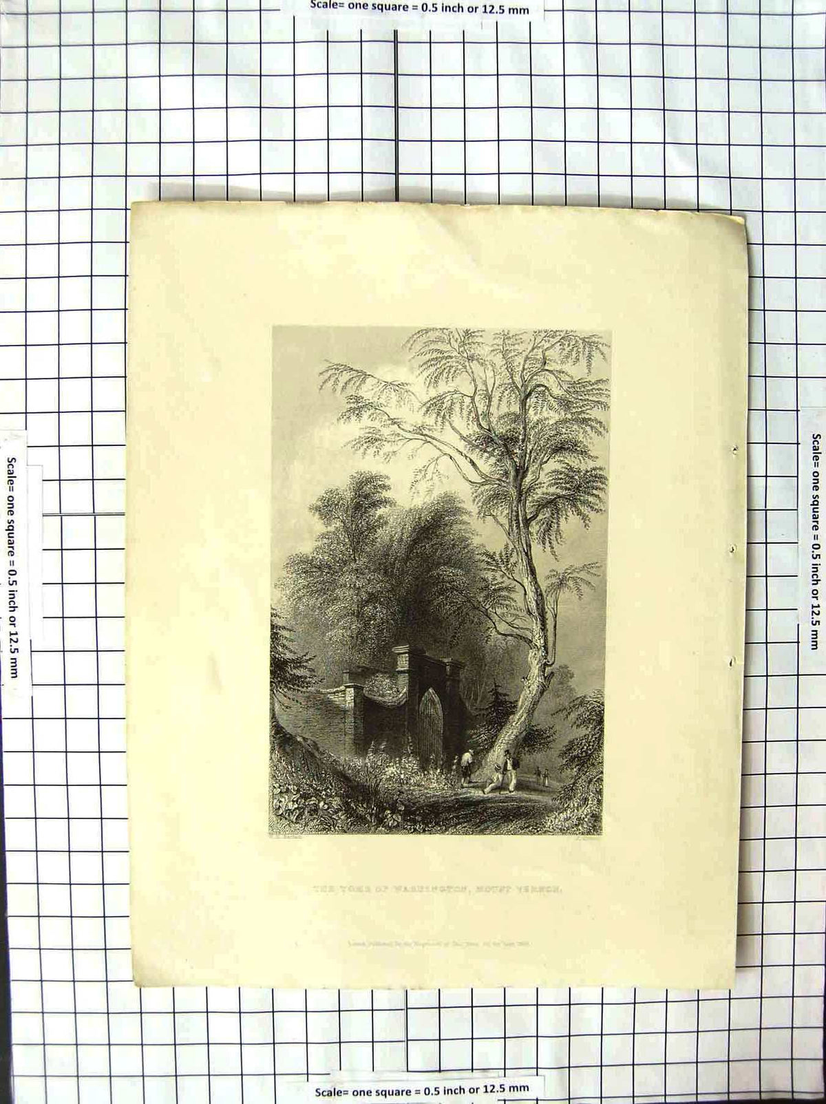 Original Old Antique Print Tomb Washington Mount Vernon America Bartlett 1838