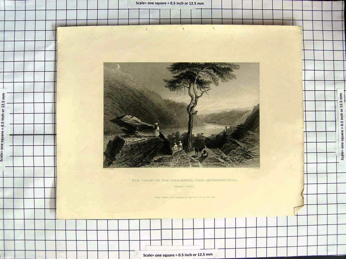 Old Antique Print America Bartlett Valley Shenandoah Jeffersons Rock 1838 19th