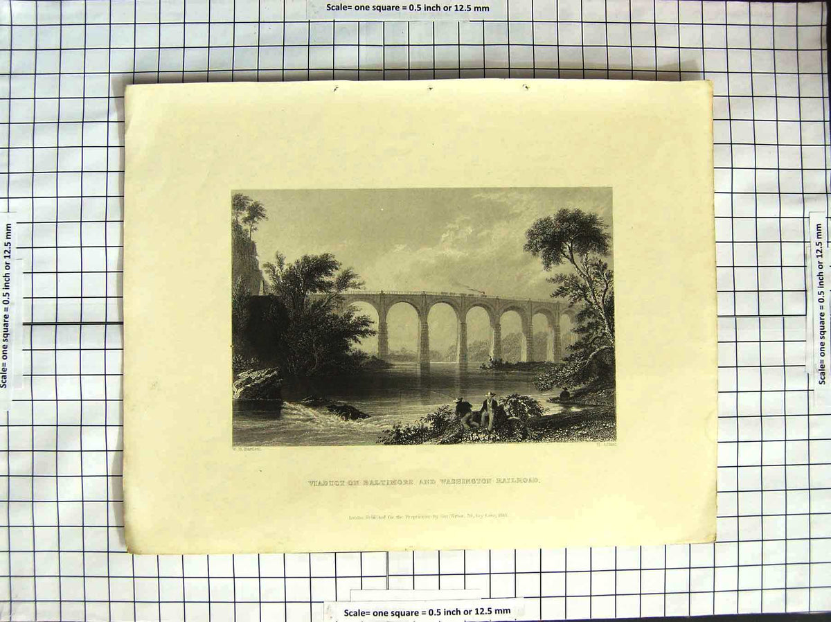 Original Old Antique Print Bartlett 1838 Viaduct Baltimore Washington Railroad