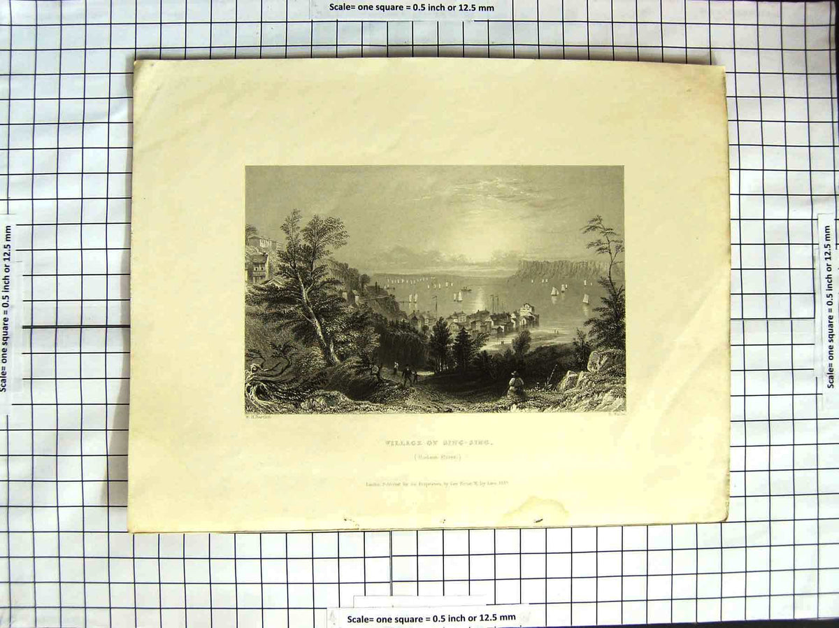 Original Old Antique Print 1837 Village Sing-Sing Hudson River America Bartlett
