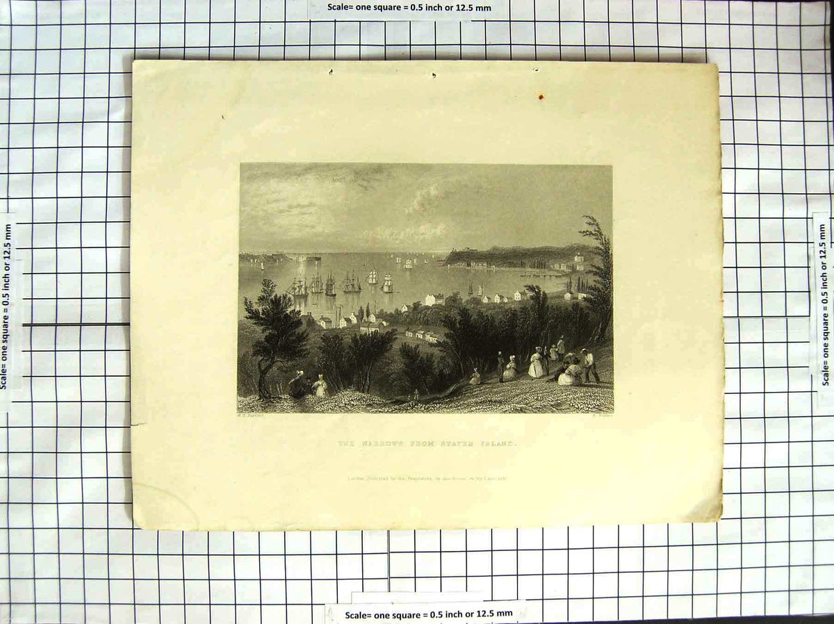 Original Old Antique Print Narrows Staten Island Ships America Bartlett 1837