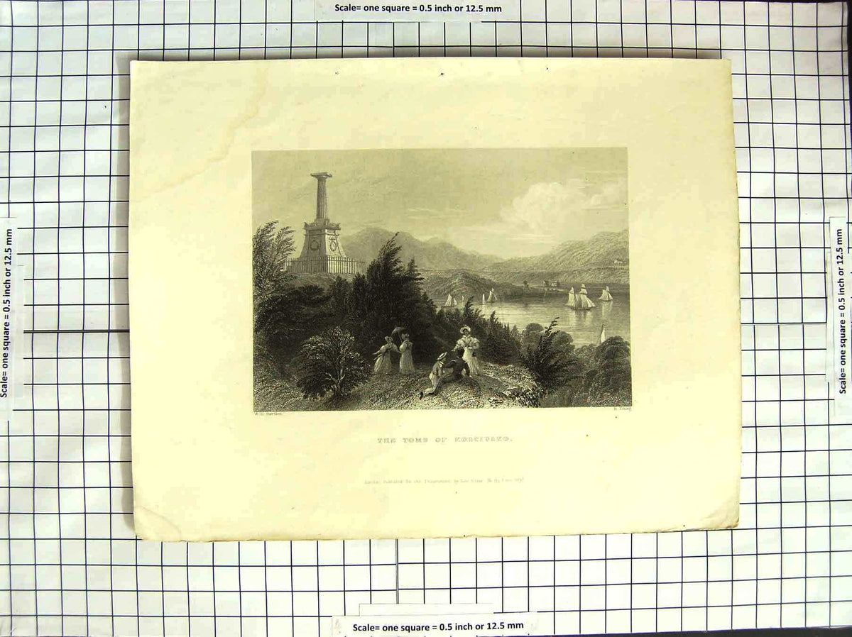 Original Old Antique Print America Bartlett 1837 Tomb Kosciusko River Yachts