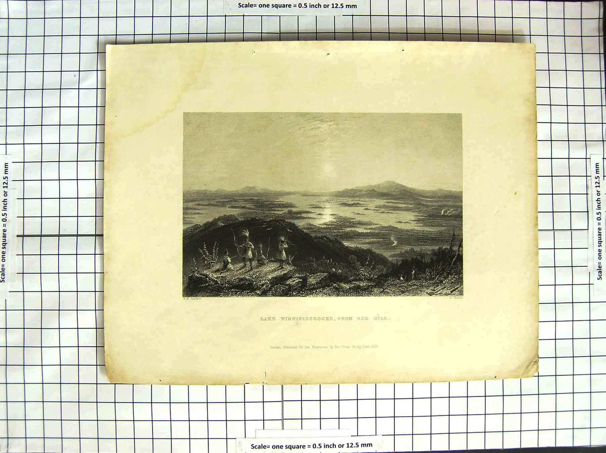 Original Old Antique Print 1837 Lake Winnipisseogee Red Hill America Bartlett
