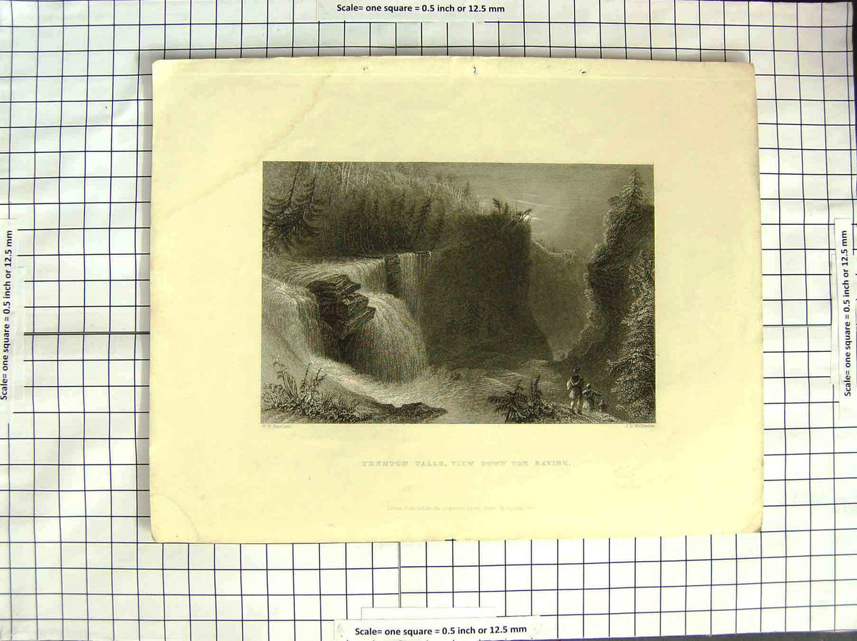 Original Old Antique Print America Bartlett Trenton Falls Ravine 1837 Engraving