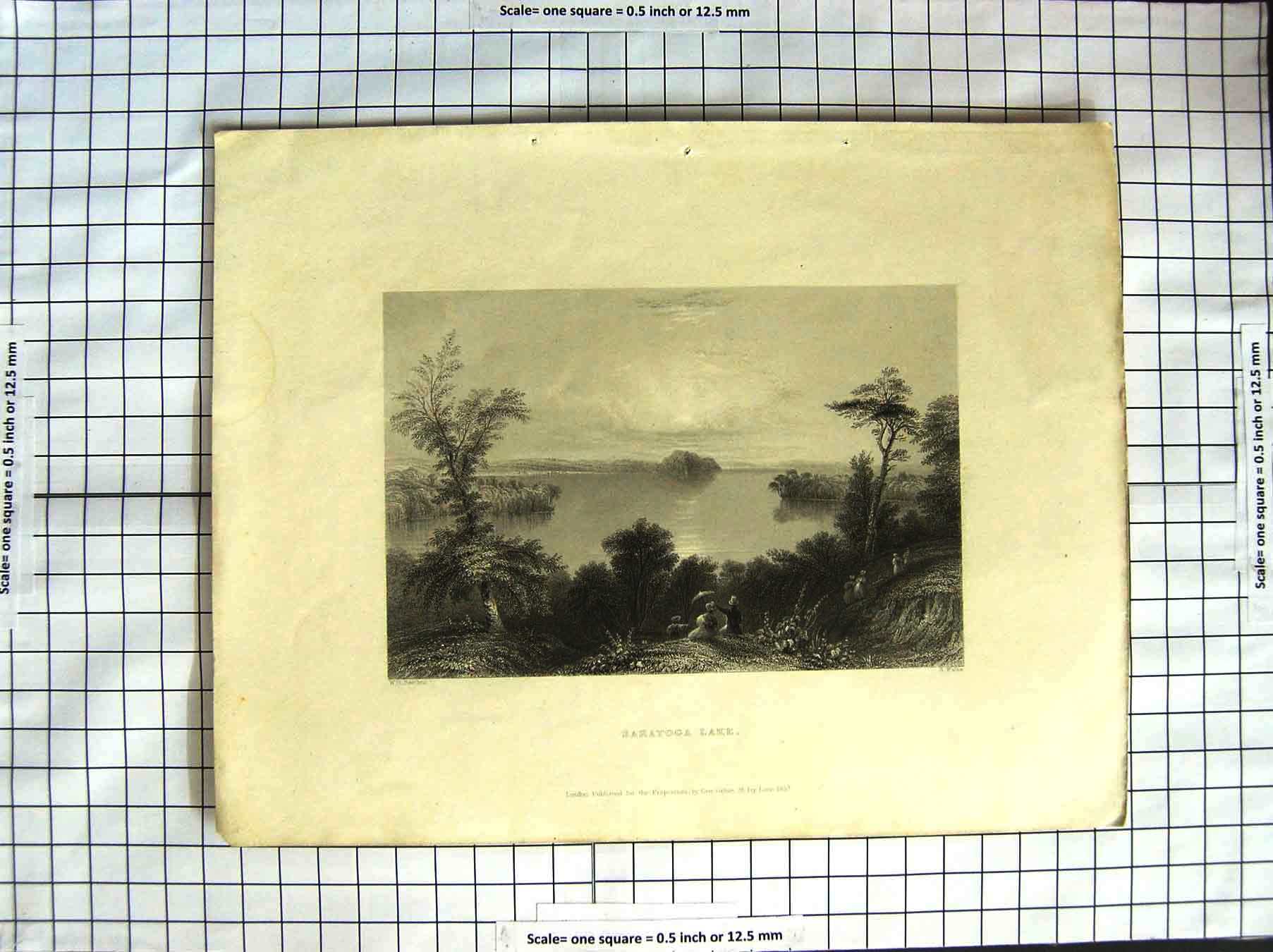 Original Old Antique Print America Bartlett 1837 View Saratoga Lake Engraving