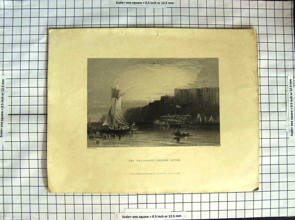 Original Old Antique Print 1837 Palisades Hudson River Ships America Bartlett