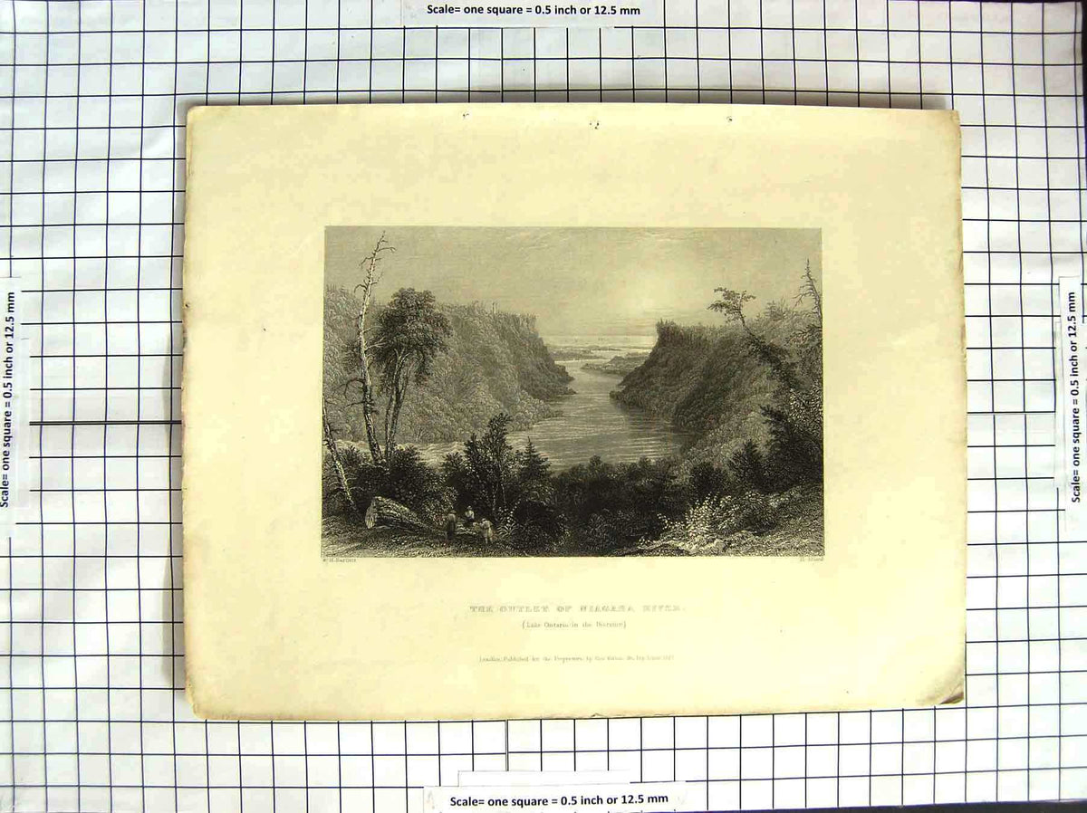 Original Old Antique Print 1837 Outlet Niagara River America Bartlett Engraving