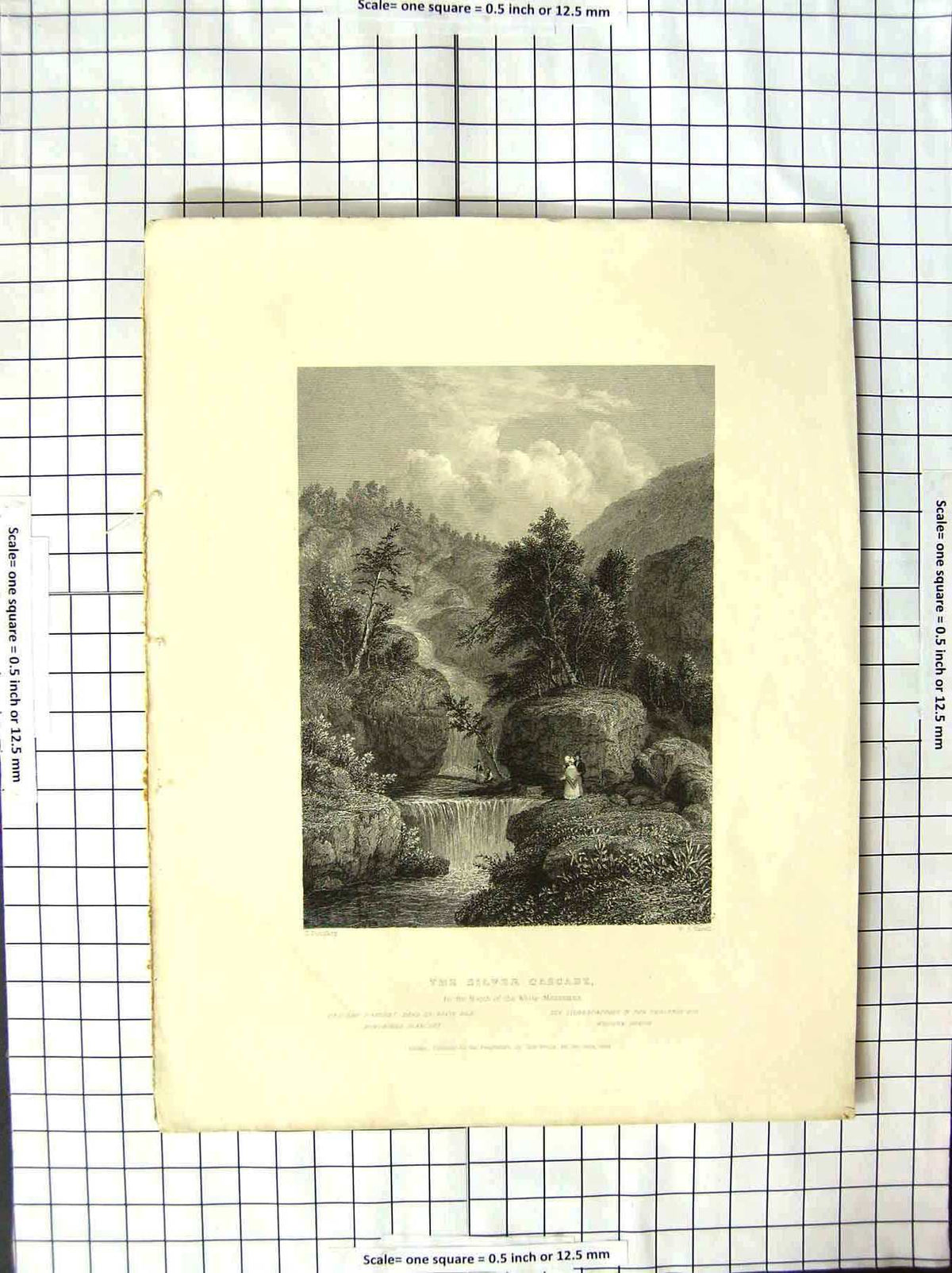 Original Old Antique Print 1839 Silver Cascade White Mountains America Bartlett