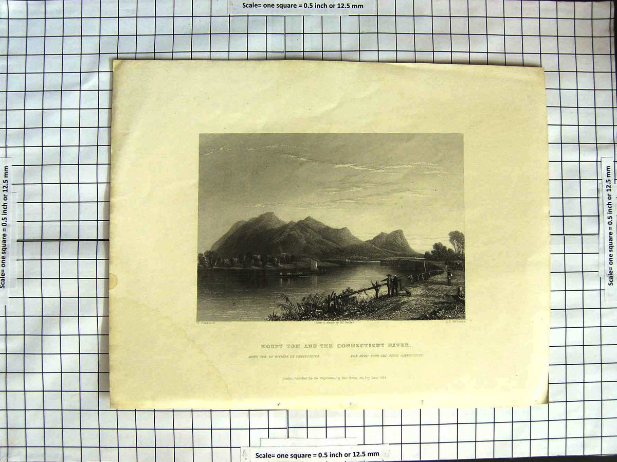 Original Old Antique Print 1839 America Bartlett Mount Tom Connecticut River