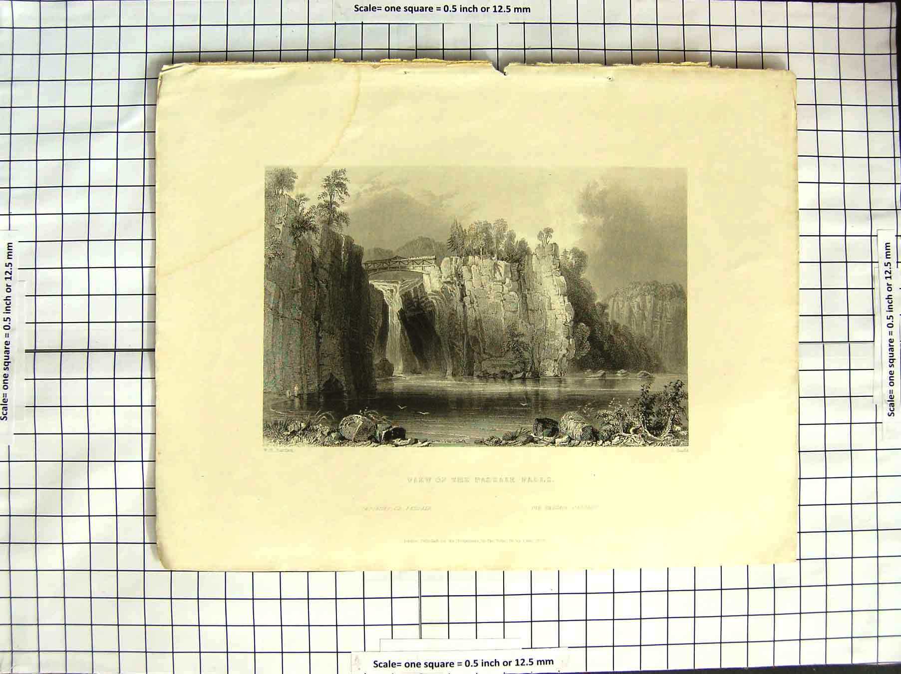 Original Old Antique Print 1839 View Passaie Falls America Bartlett Engraving