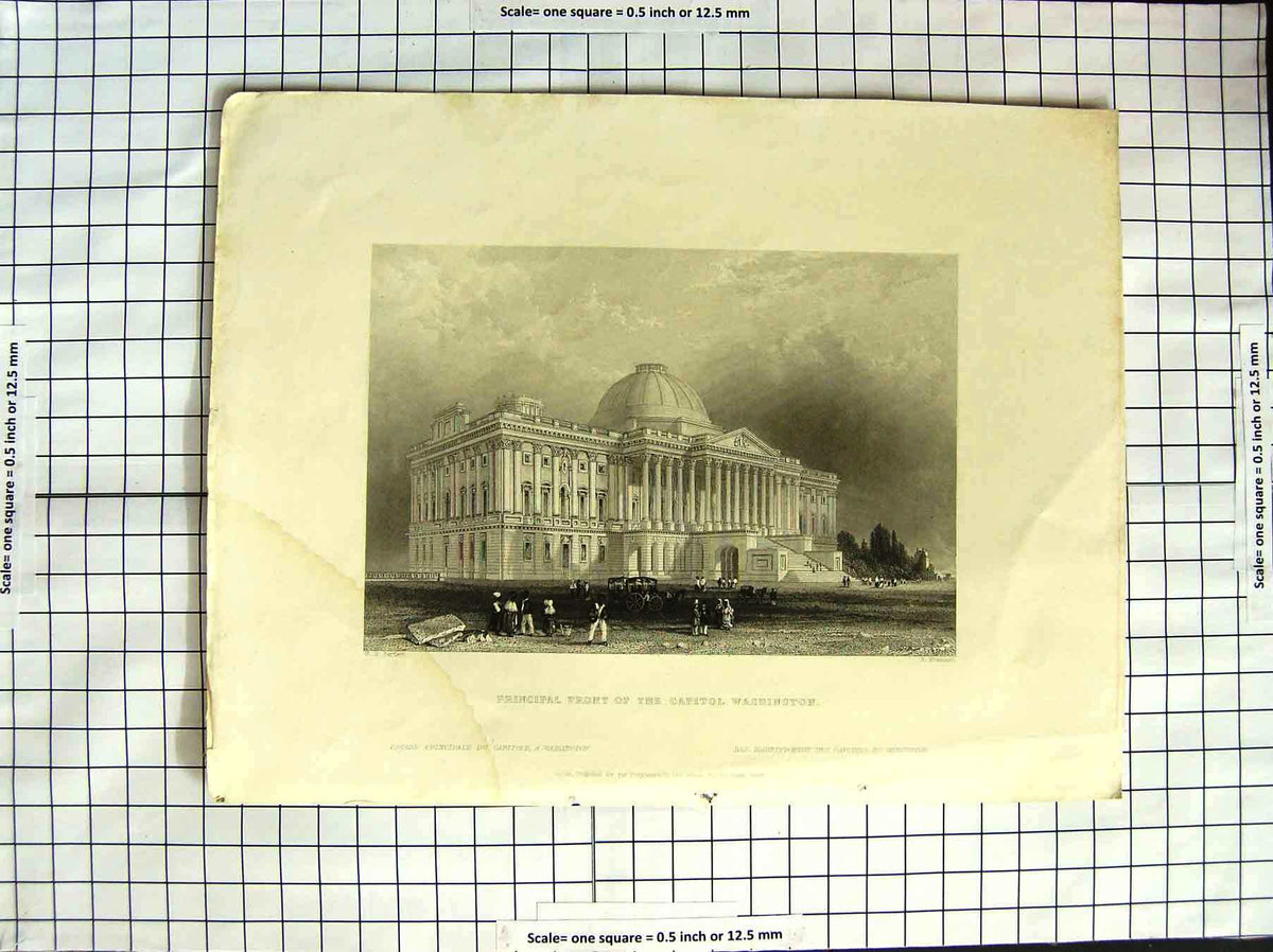 Original Old Antique Print 1839 Capitol Washington White House America Bartlett