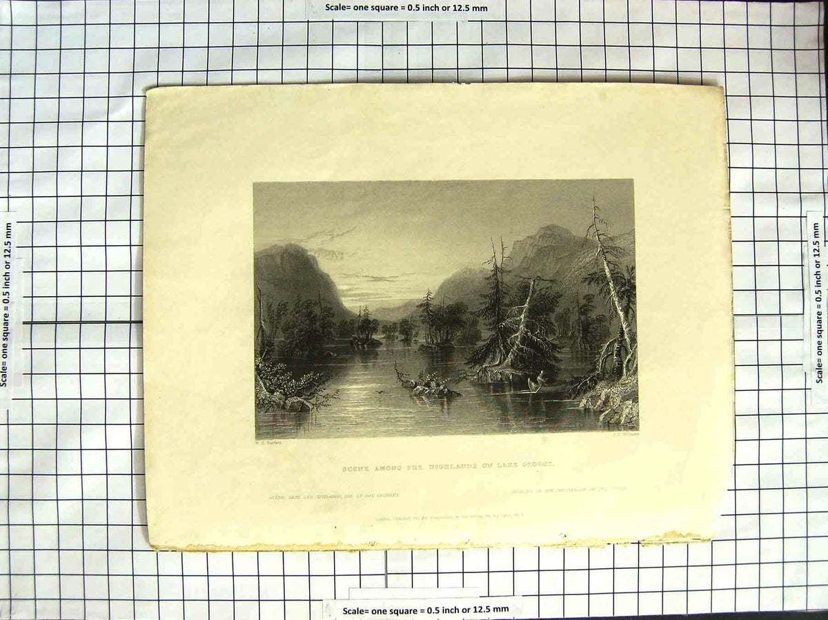 Original Old Antique Print 1839 Scene Highlands Lake George America Bartlett