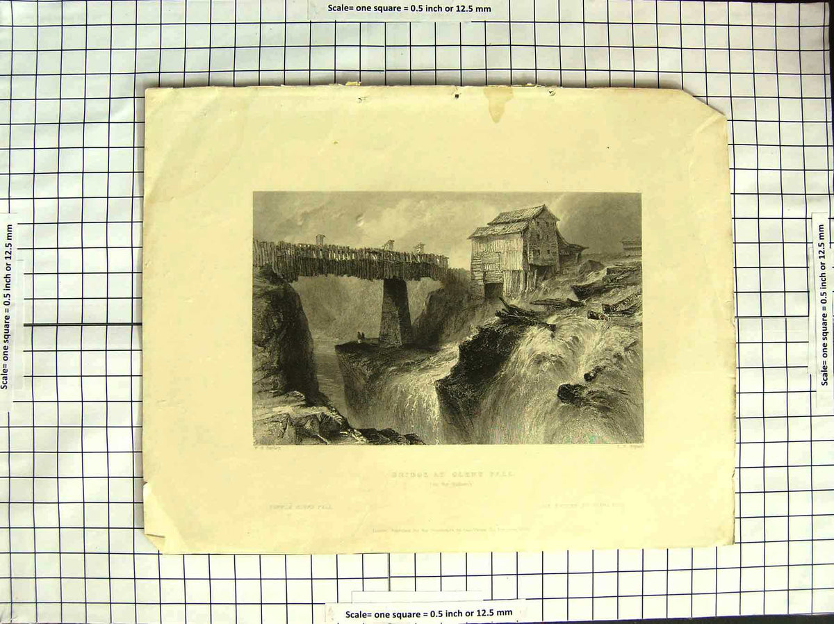 Original Old Antique Print 1839 Bridge Glens Fall Hudson River America Bartlett