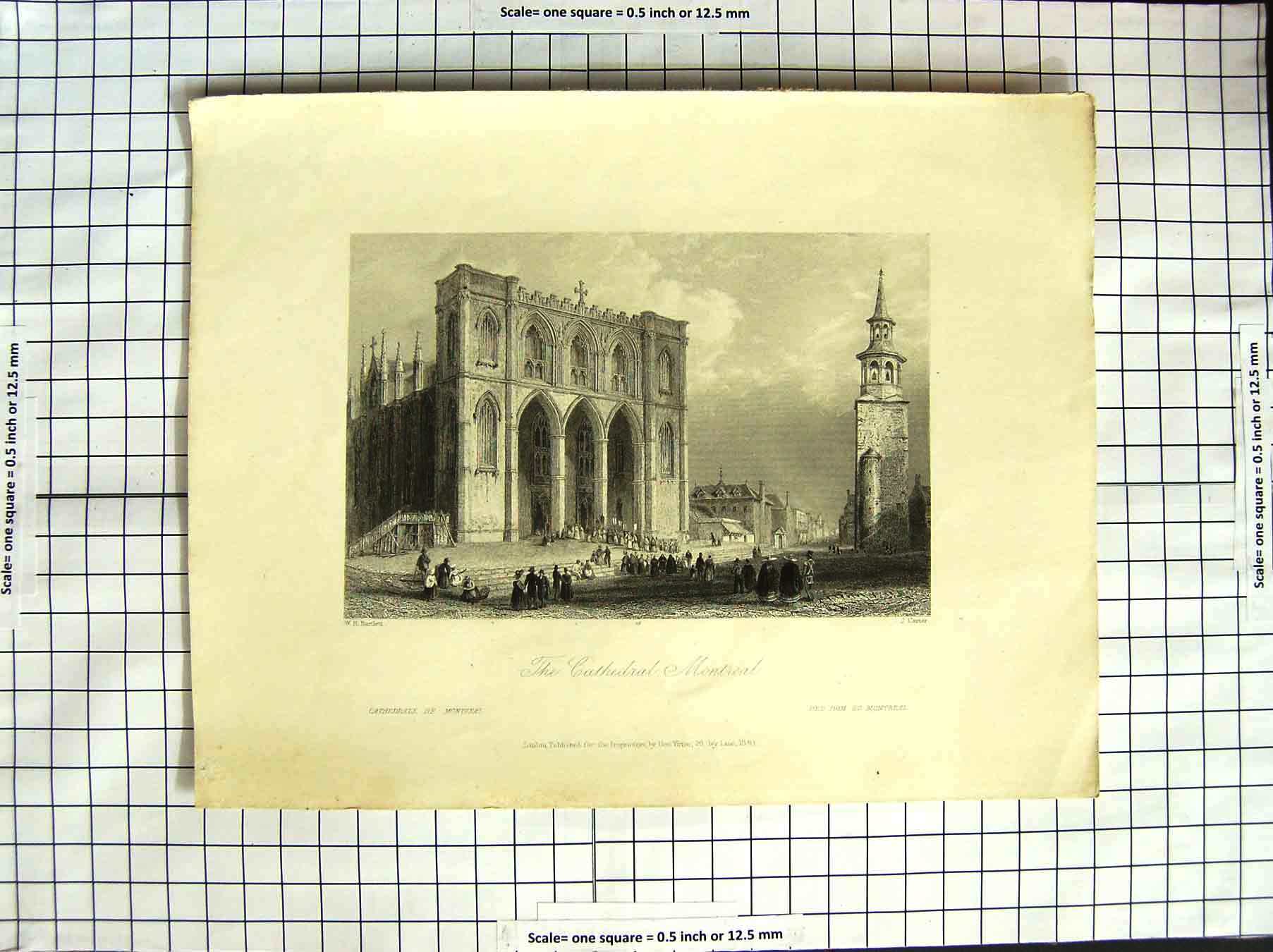Original Old Antique Print Canada 1840 Exterior Cathedral Montreal Bartlett