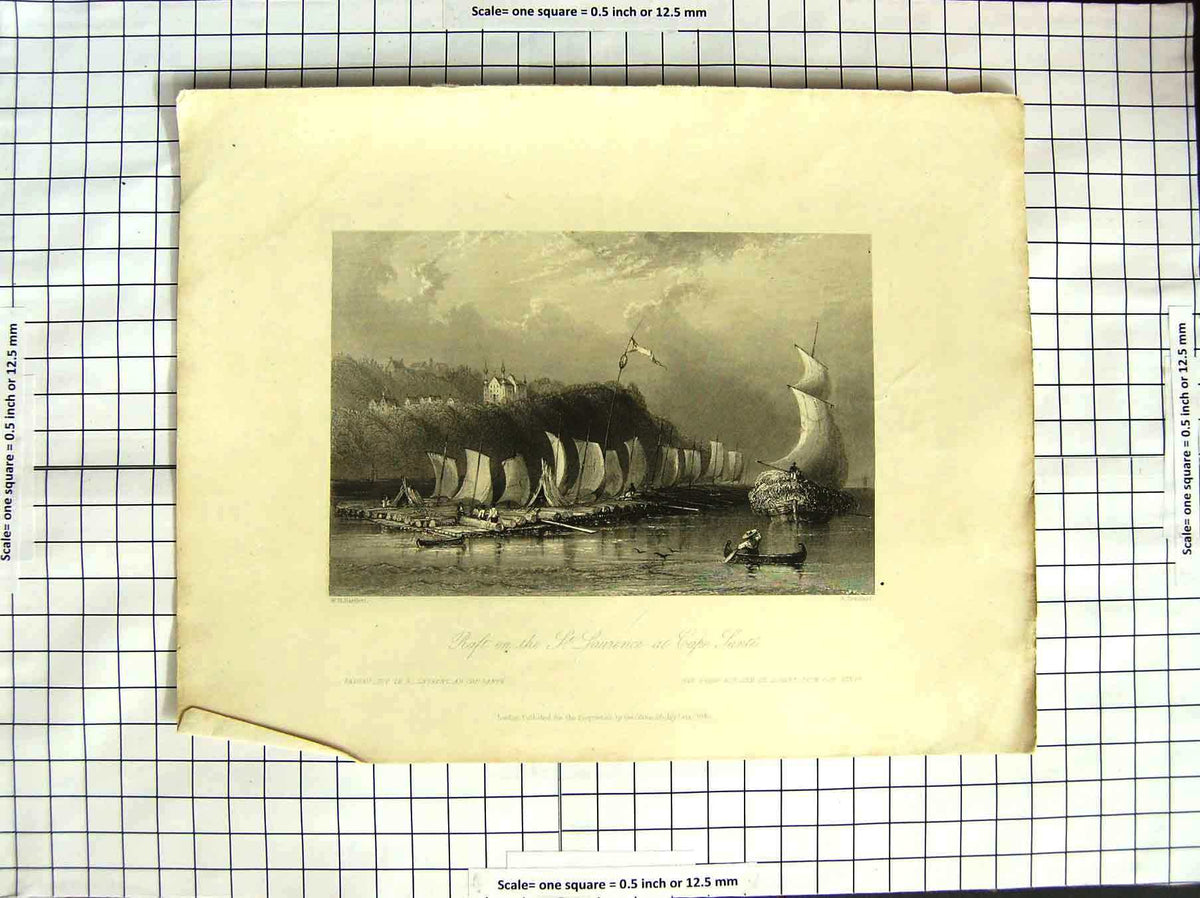 Original Old Antique Print 1840 Canada Raft St. Laurence Cape Sante Bartlett