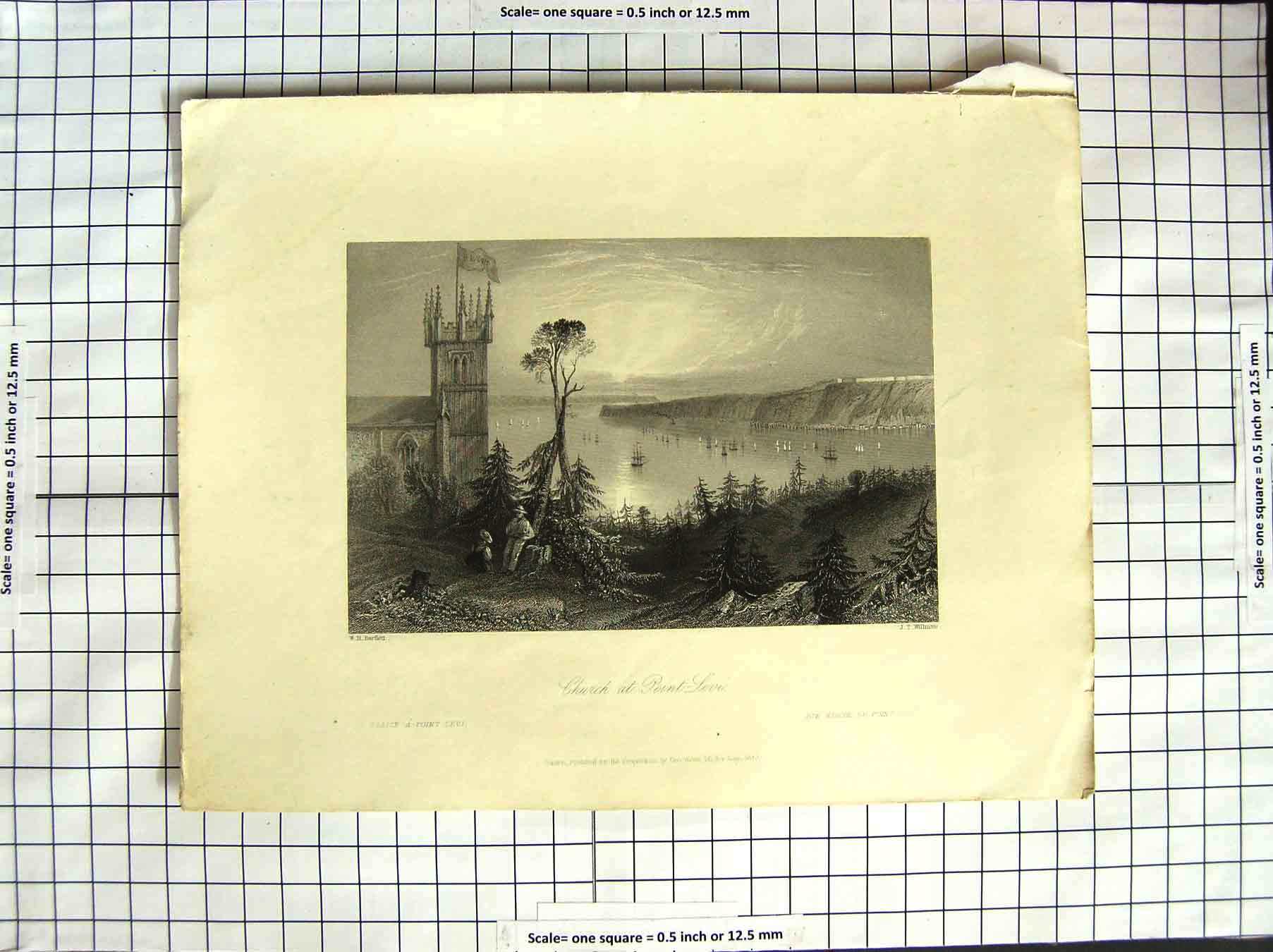 Old Antique Print 1840 Canada Bartlett View Church Point Levi Ships Tower 19th